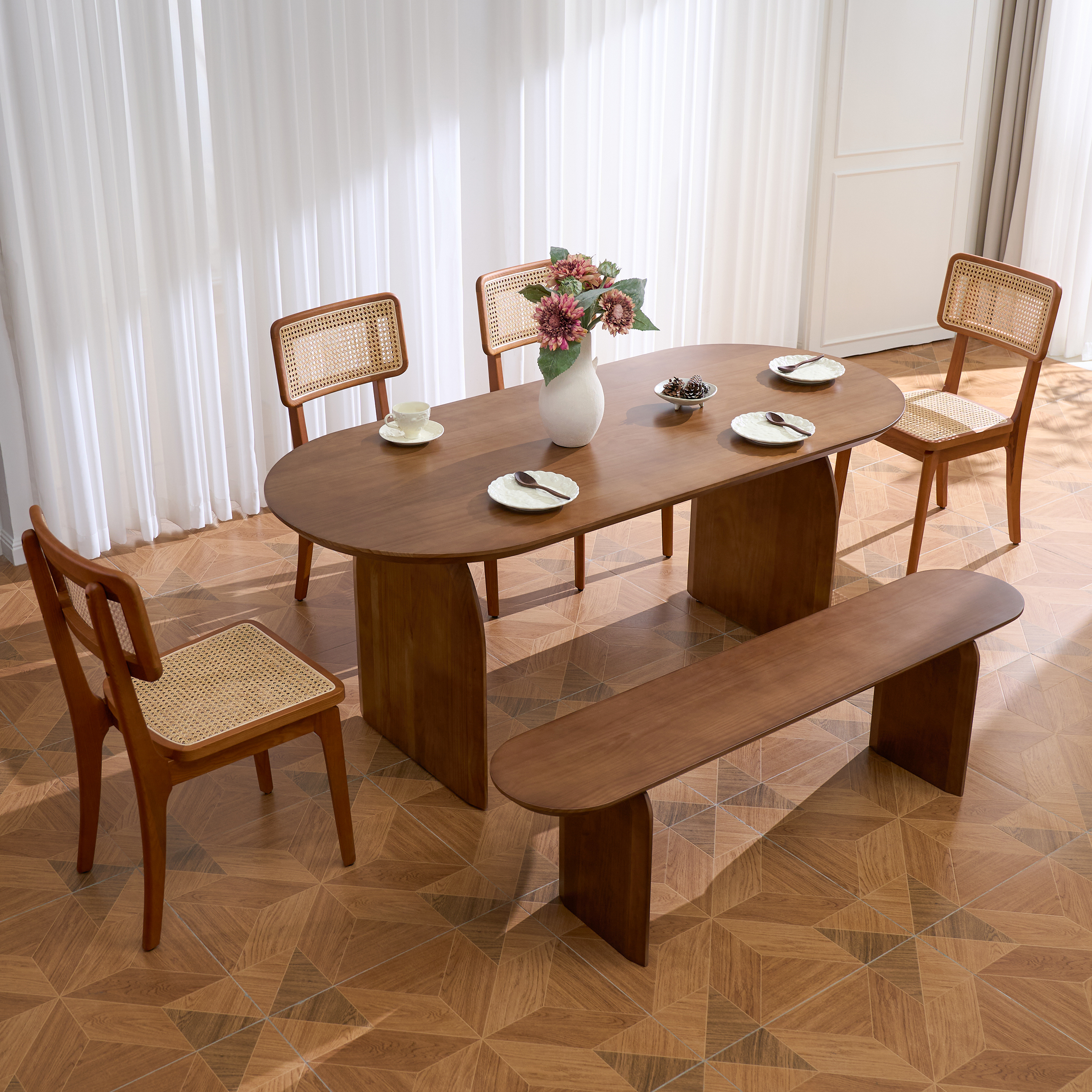 Oval Dining Table Solid Wood Top & Pedestals for 6 Tintica Japandi
