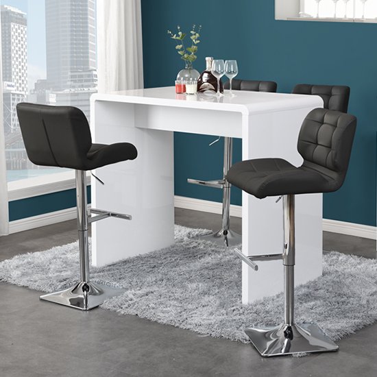 Glacier Gloss Bar Table In White With 4 Candid Black Bar Stools