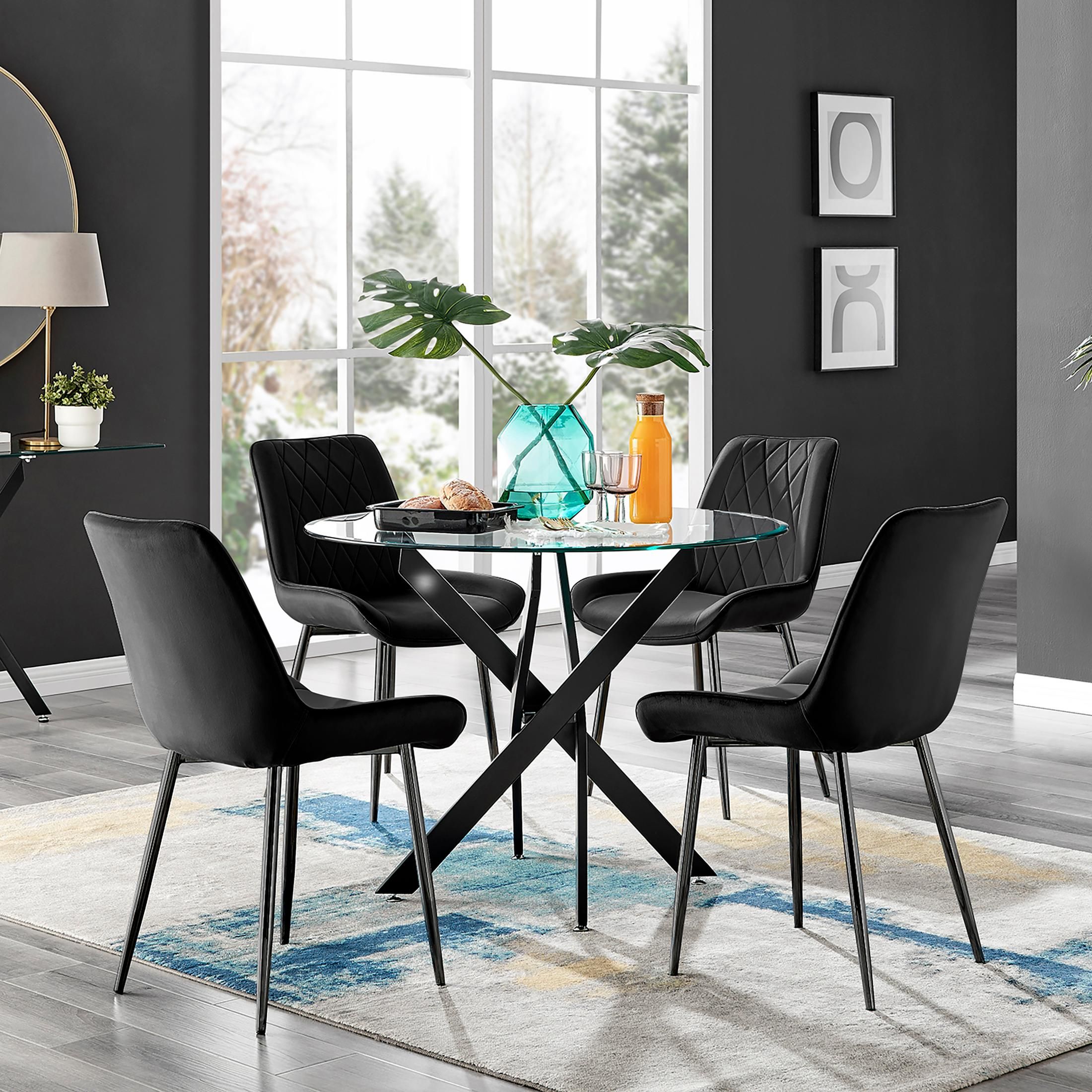 FurnitureboxUK Novara 4 Seater Black Leg Round Glass Dining Table & 4 Pesaro Soft Velvet Black Leg Chairs