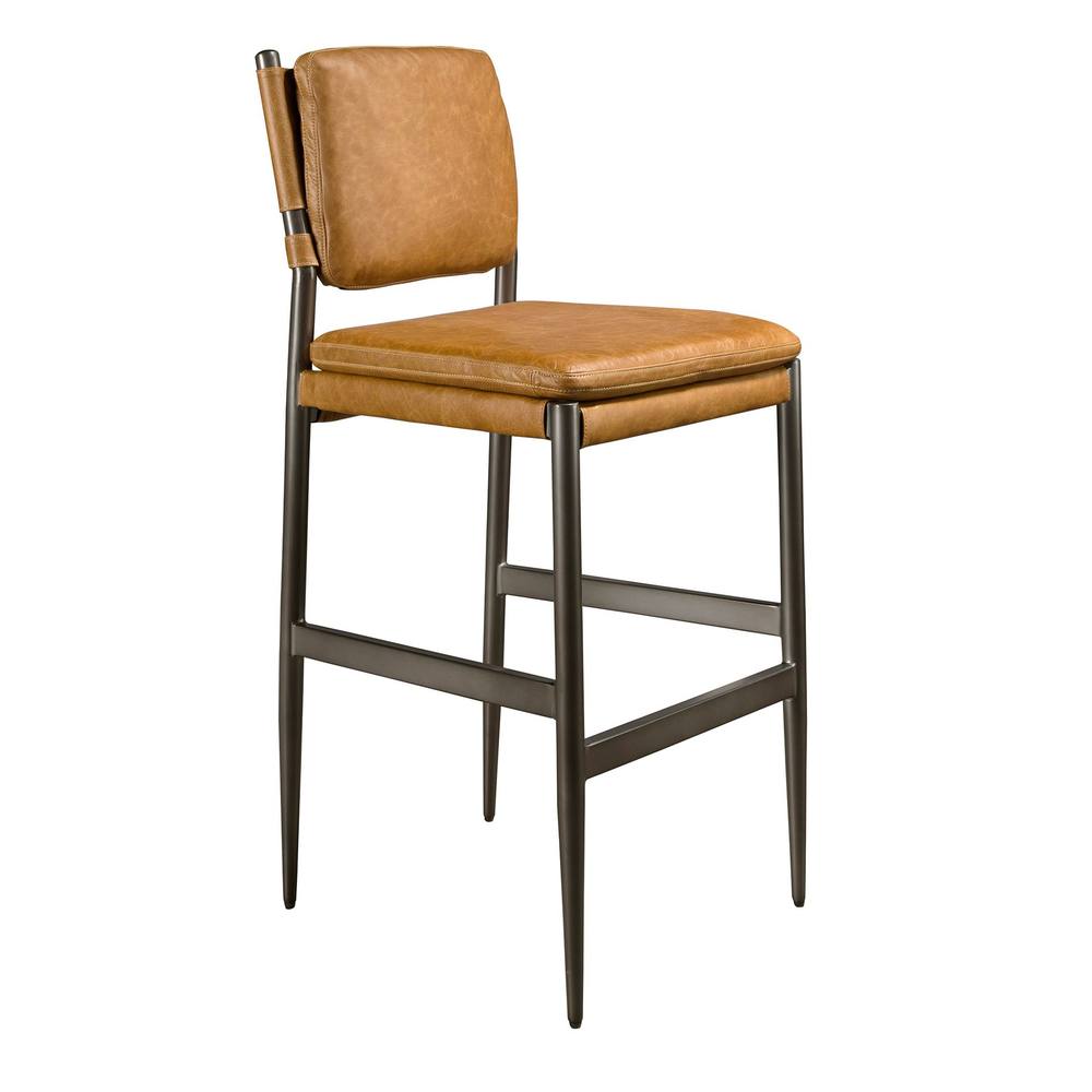 Angel Cerda Leather Stool, Brown Cowhide, Dark Polished Steel Legs in Tan