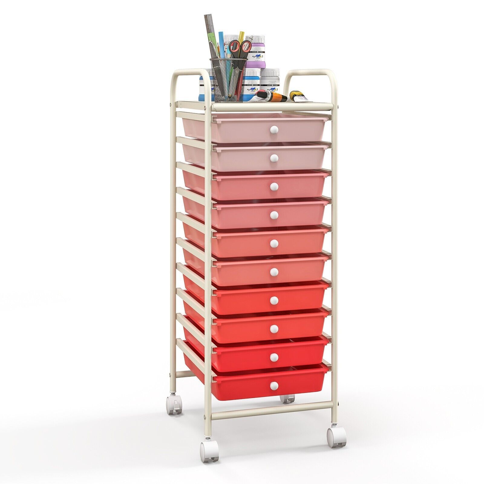Costway 10 Drawers Storage Trolley Mobile Rolling Utility Cart Home Office Organizer in Pink