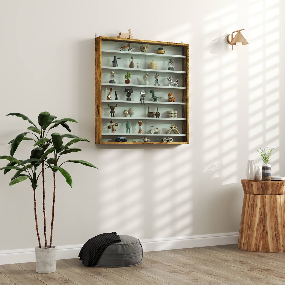 HOMCOM 7-Tier Wall Display Cabinet w/ Adjustable Shelves Glass Doors in Brown