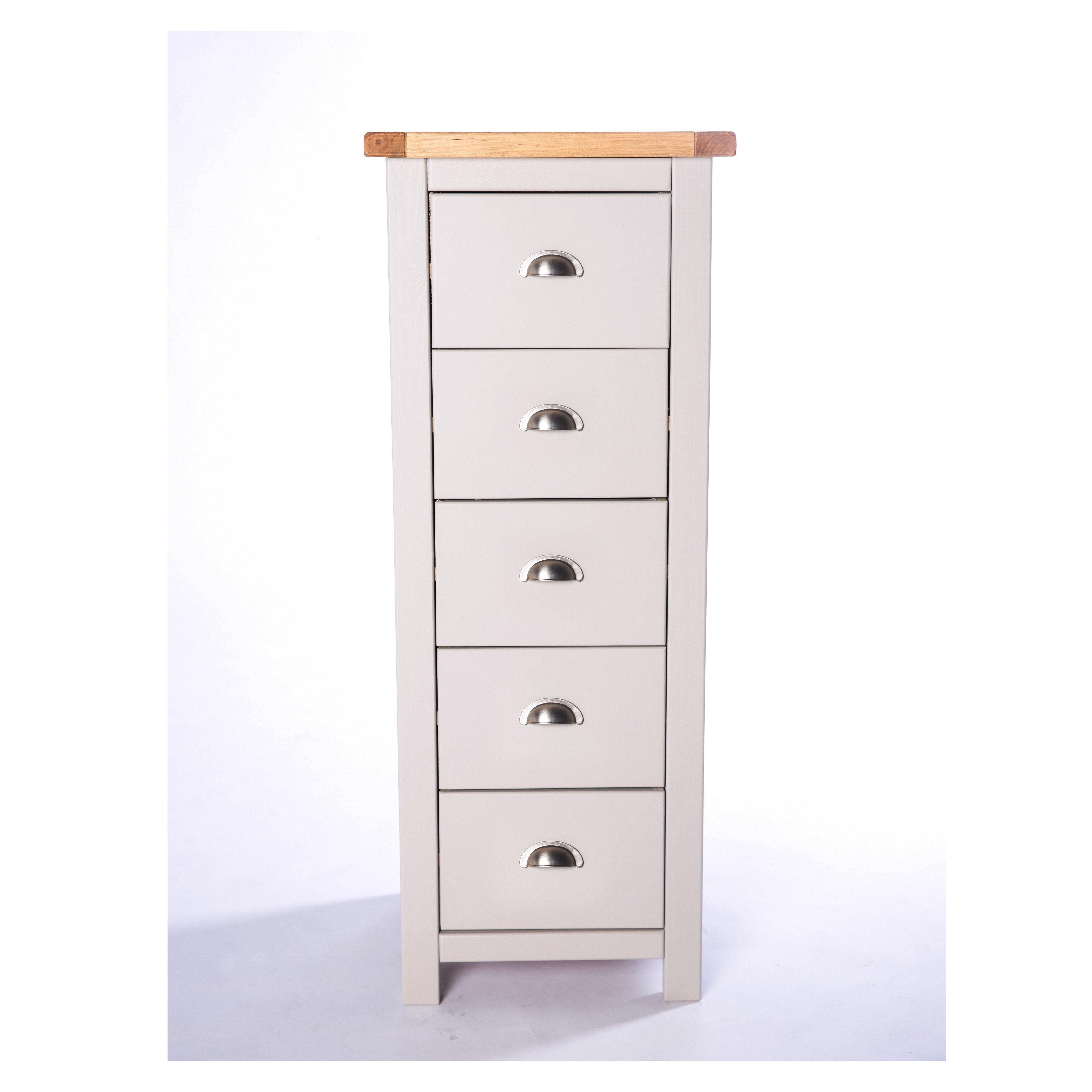 Cabinet Bits Argenta 5 Drawer Narrow Chest of Drawers Chrome Cup Handle in Light Grey