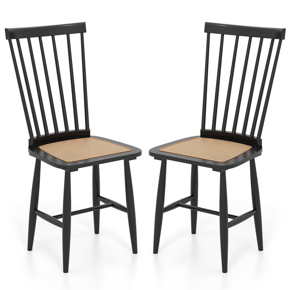 Costway 2PCS Windsor Dining Chair Wooden Chairs w/Spindle Back &PE Rattan Seat in Black