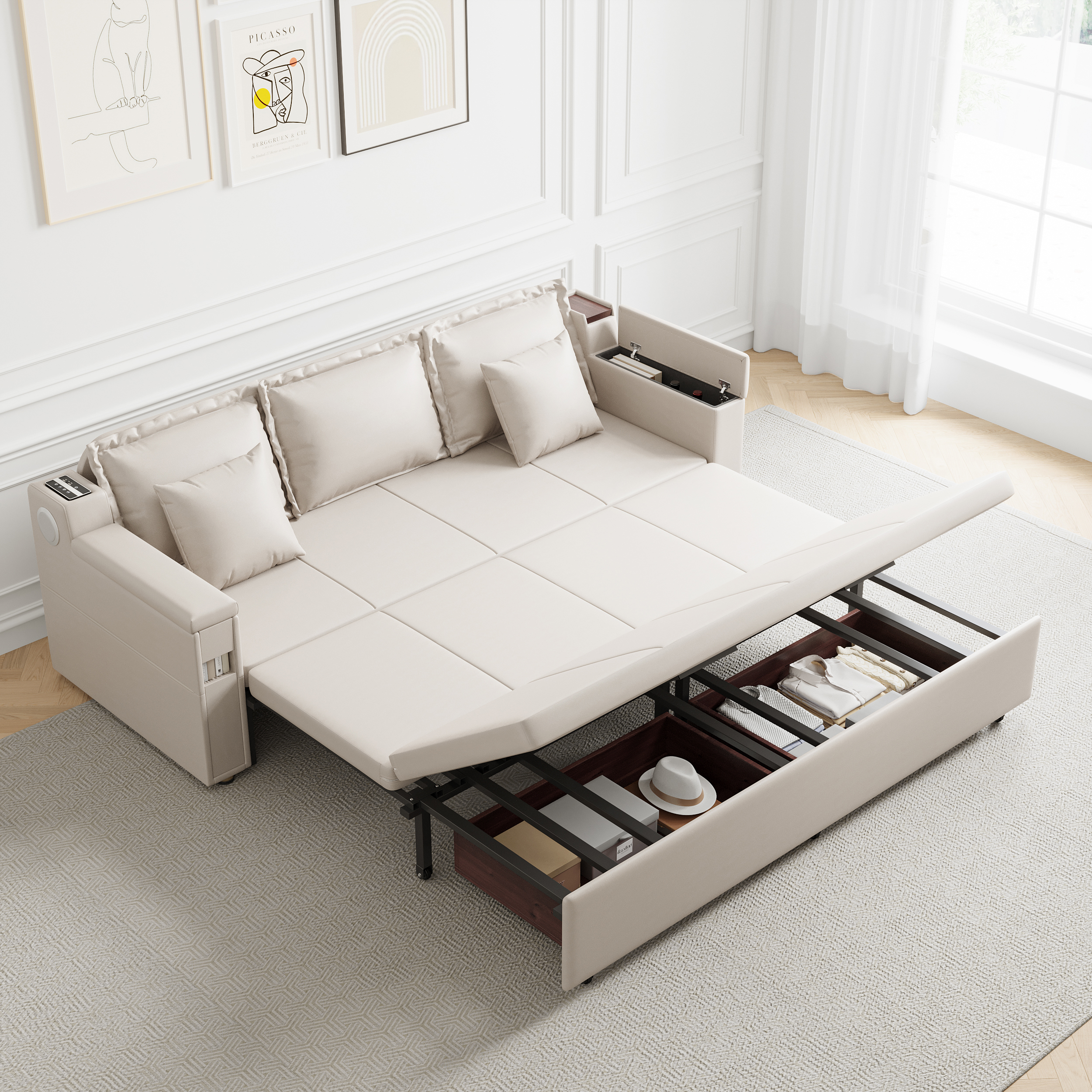 82.7" Convertible Bed Full Sleeper Sofa Leath-aire Upholstered Storage with Speaker