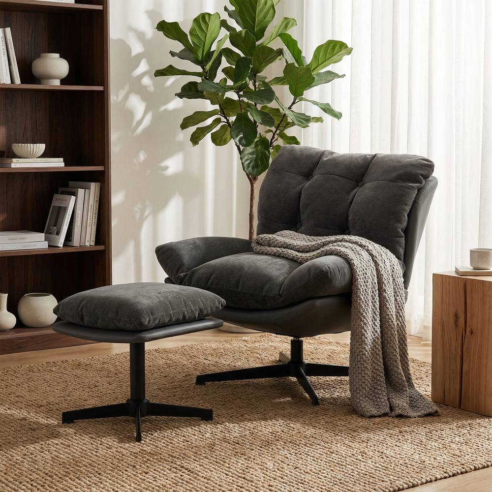 HOMCOM Accent Chair with Footstool, Modern Swivel Lounge Chair, Dark Grey