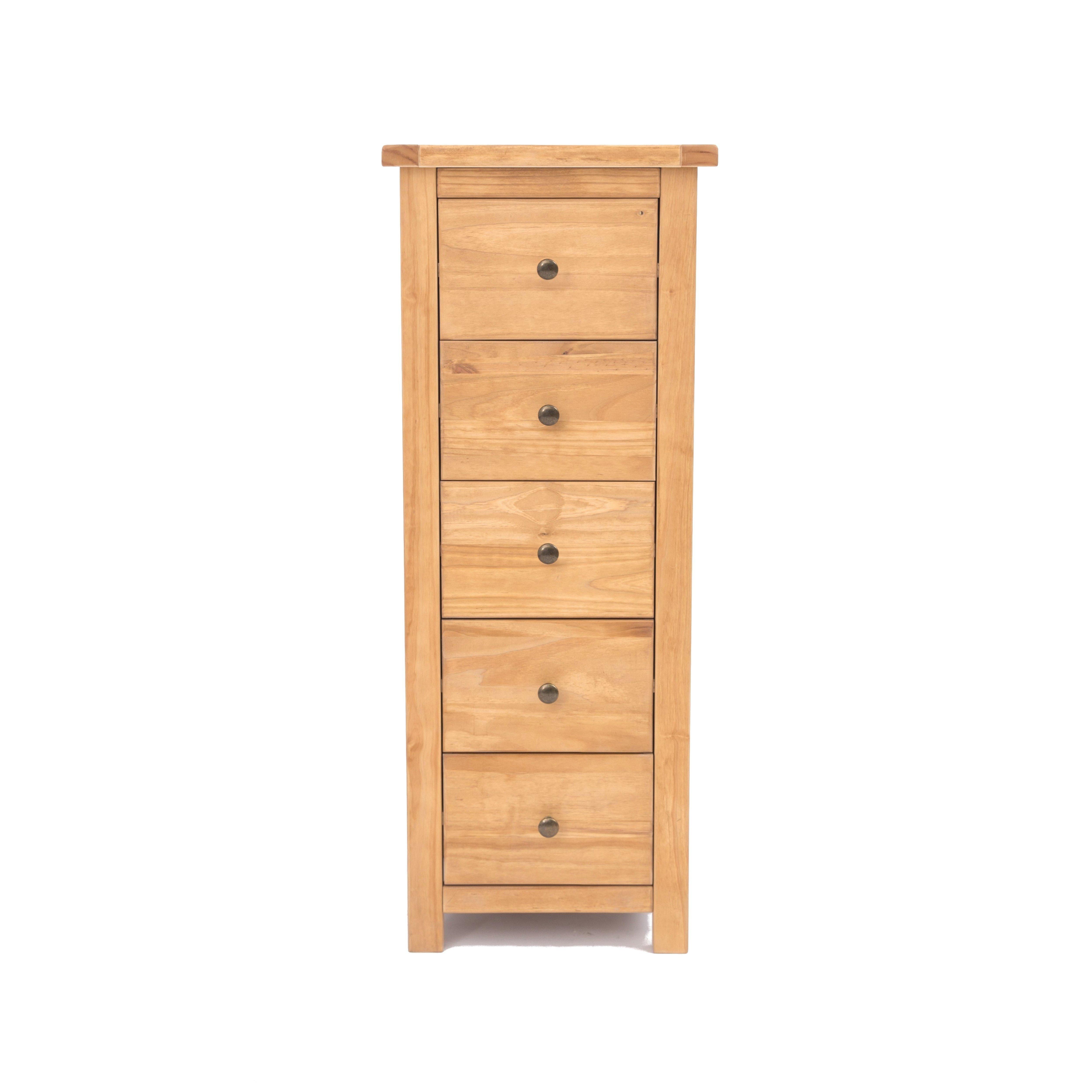 Cabinet Bits Lugo 5 Drawer Narrow Chest of Drawers Brass Knob in Light Brown