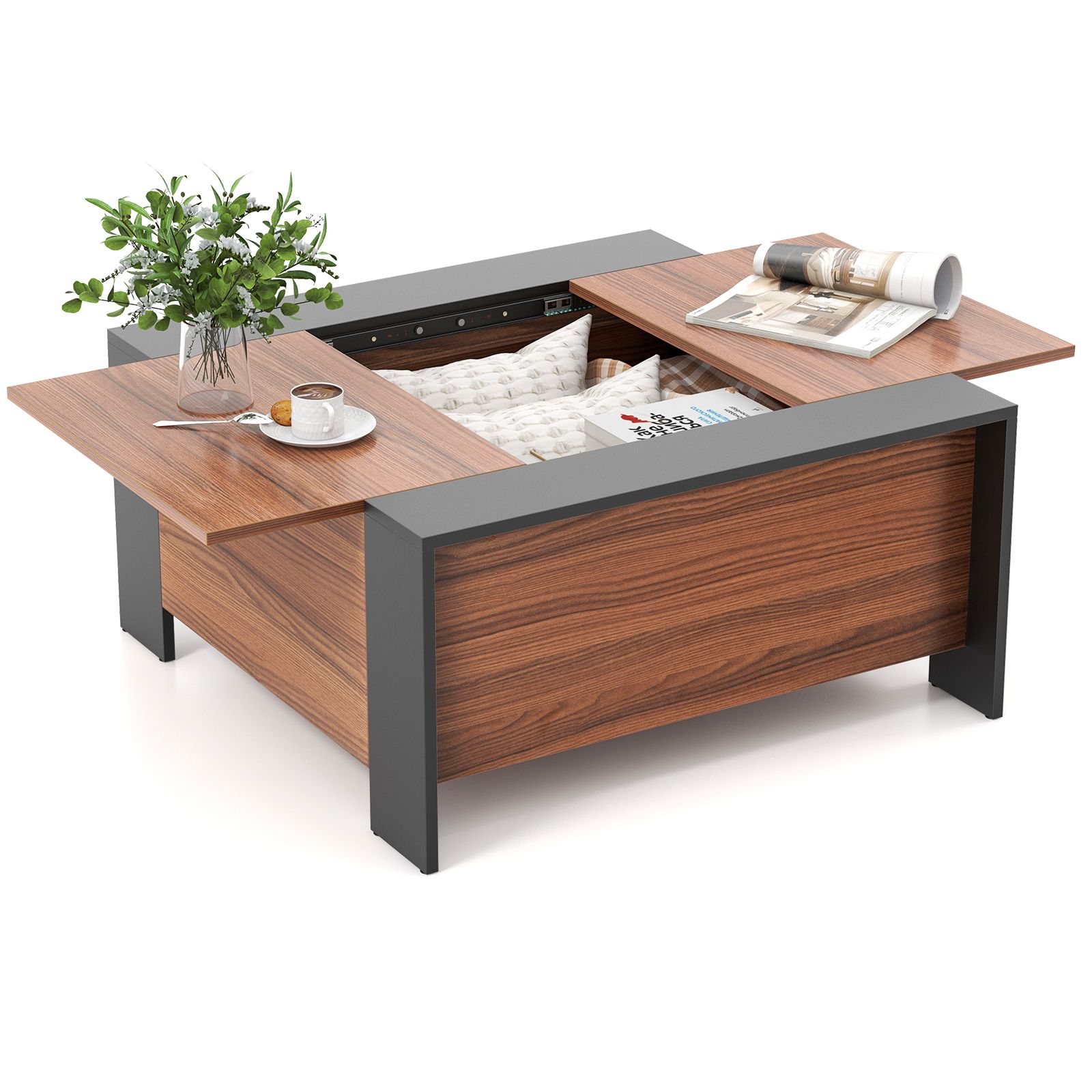 Costway 92 x 92cm Coffee Table w/ Sliding Top Square Center Table Extendable Cocktail Tea Table in Brown