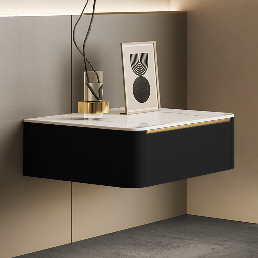 Modern Black Floating Bedside Table 1 Drawer Bedside Table with Sintered Stone Top