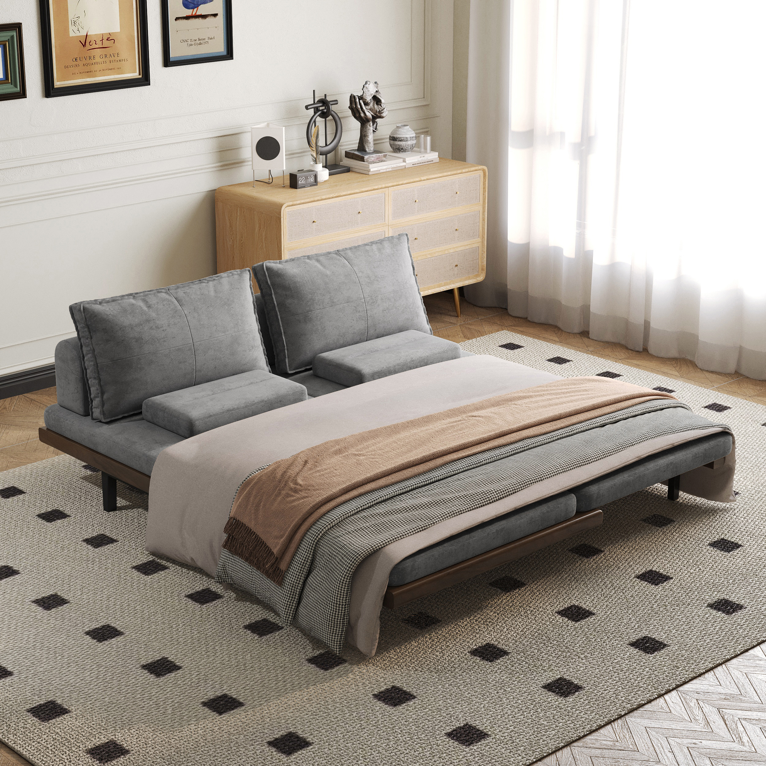 200 cm Mid Century Modern Cotton & Linen Pull Out Sofa Bed Grey Wooden Frame