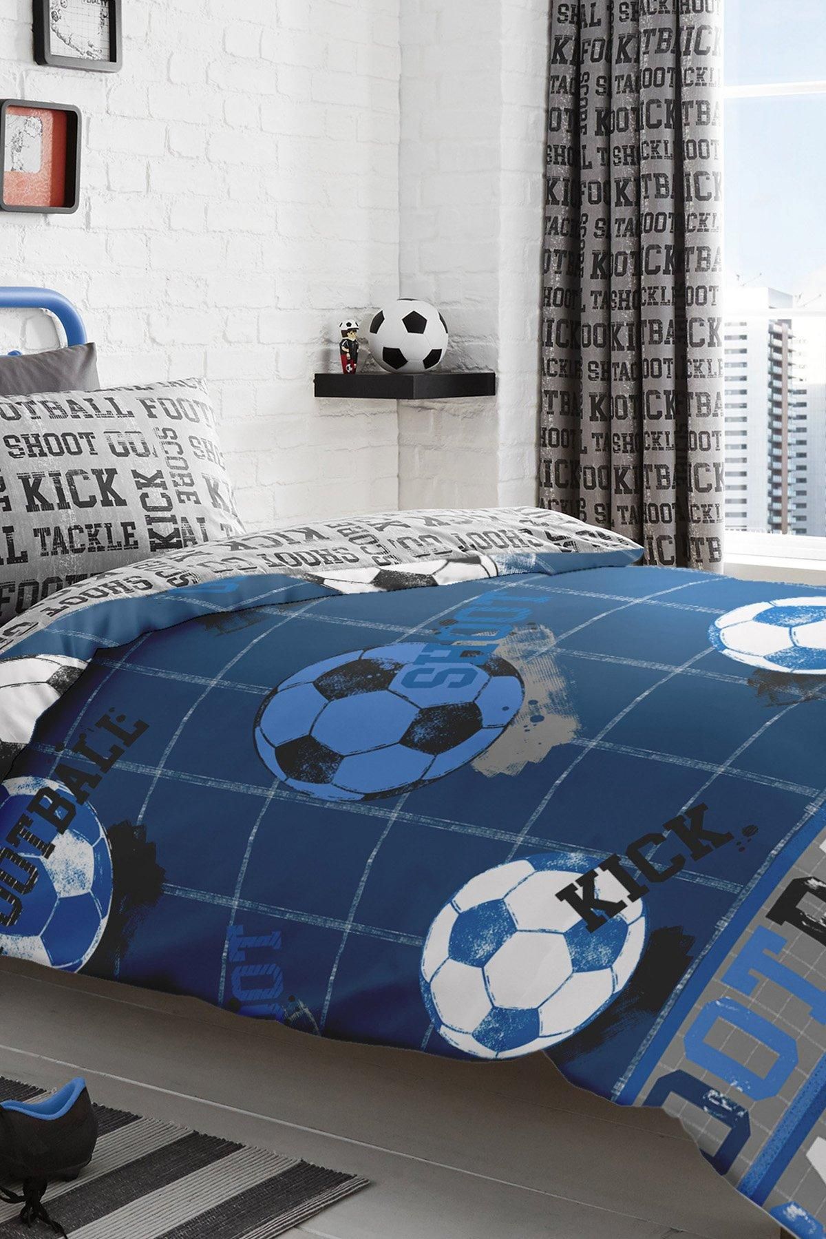 Bedlam 'Football' Theme Childrens Bedroom Duvet Cover Set in Blue