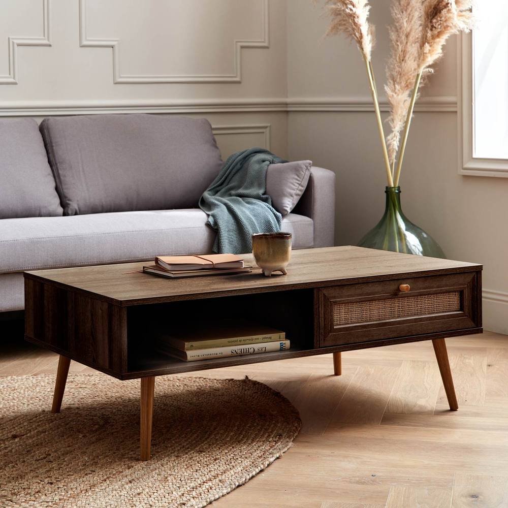 sweeek Coffee Table With Wood & Cane Effect in Brown