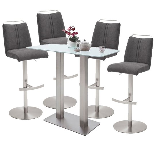 Soho White Glass Bar Table 4 Giulia Fabric Anthracite Stools