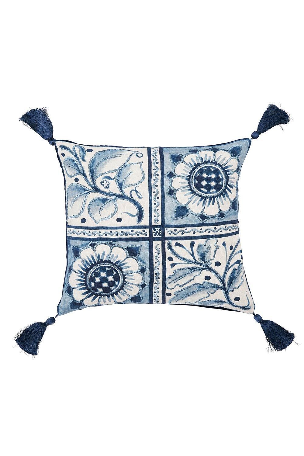 V & A 'Scrolling Carnation' Cotton Cushion in Blue