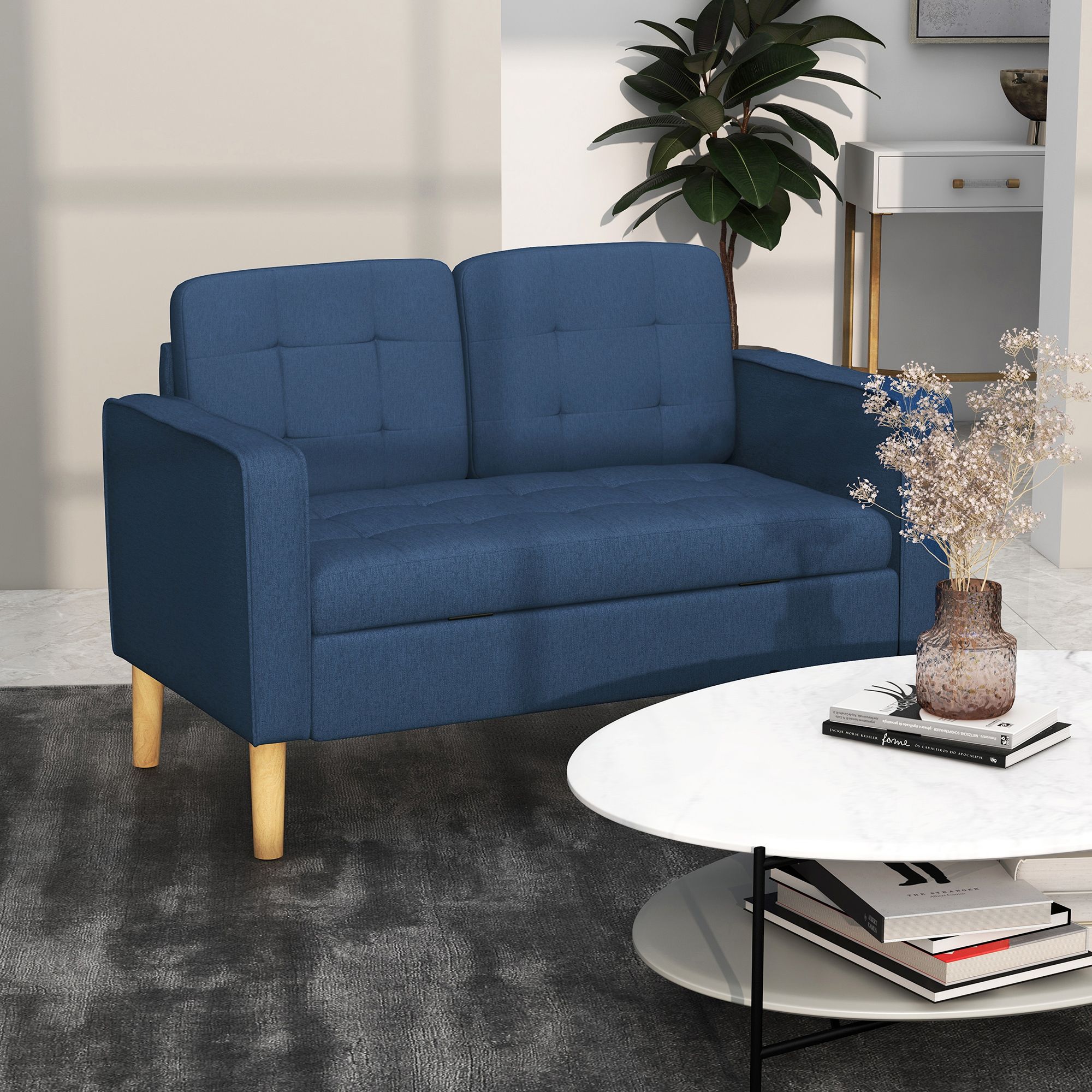 HOMCOM Compact Loveseat Sofa 2 Seater Sofa with Storage & Wood Legs in Blue