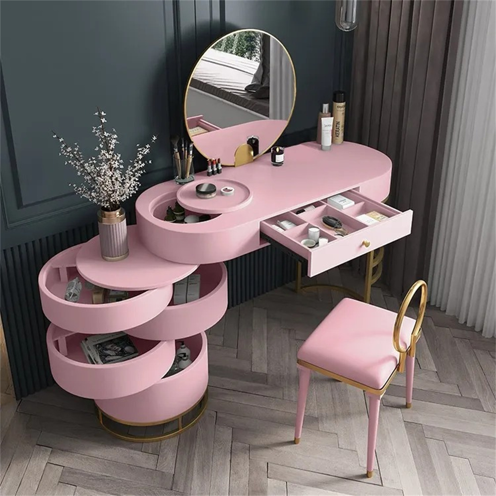 Pink Girls' Dressing Table with Chair with Side Cabinet, 4-Drawer Dressing Table, Mirror & Chair