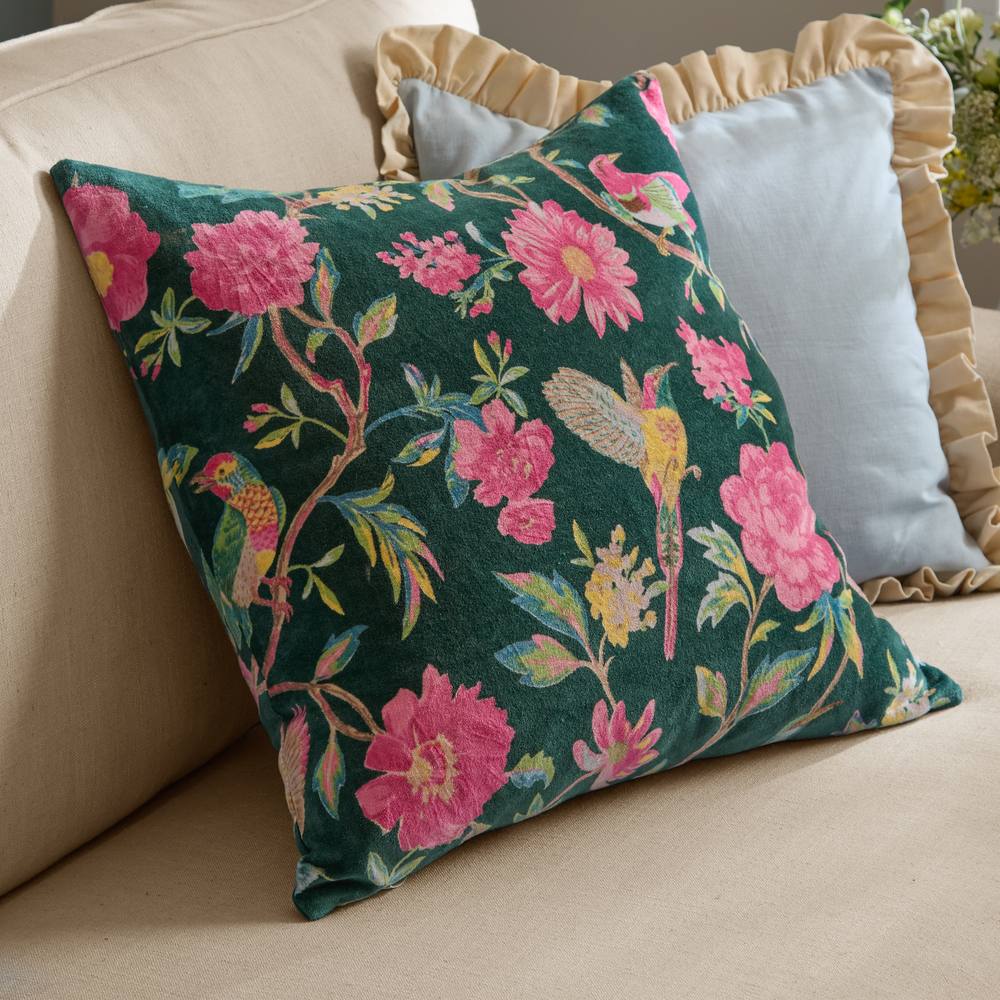 Wylder Aviary 100% Cotton Velvet Cushion in Dark Green