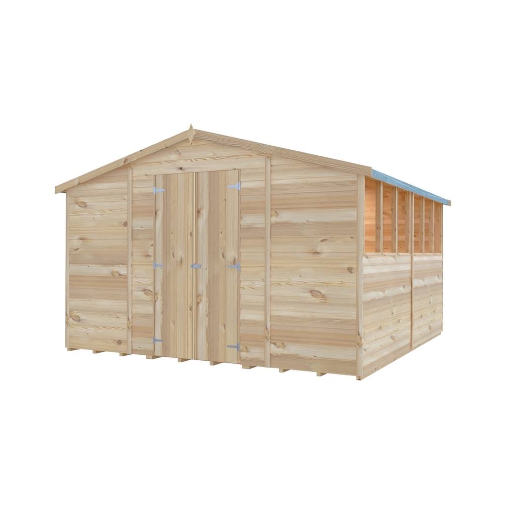 Shires Overlap 10 x 10 Feet Dip Treated Apex Shed Double Door with Windows in Brown 4