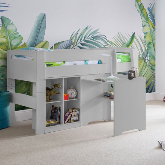 Pluto Bunk Bed With Bookcase And Study Desk In Dove Grey