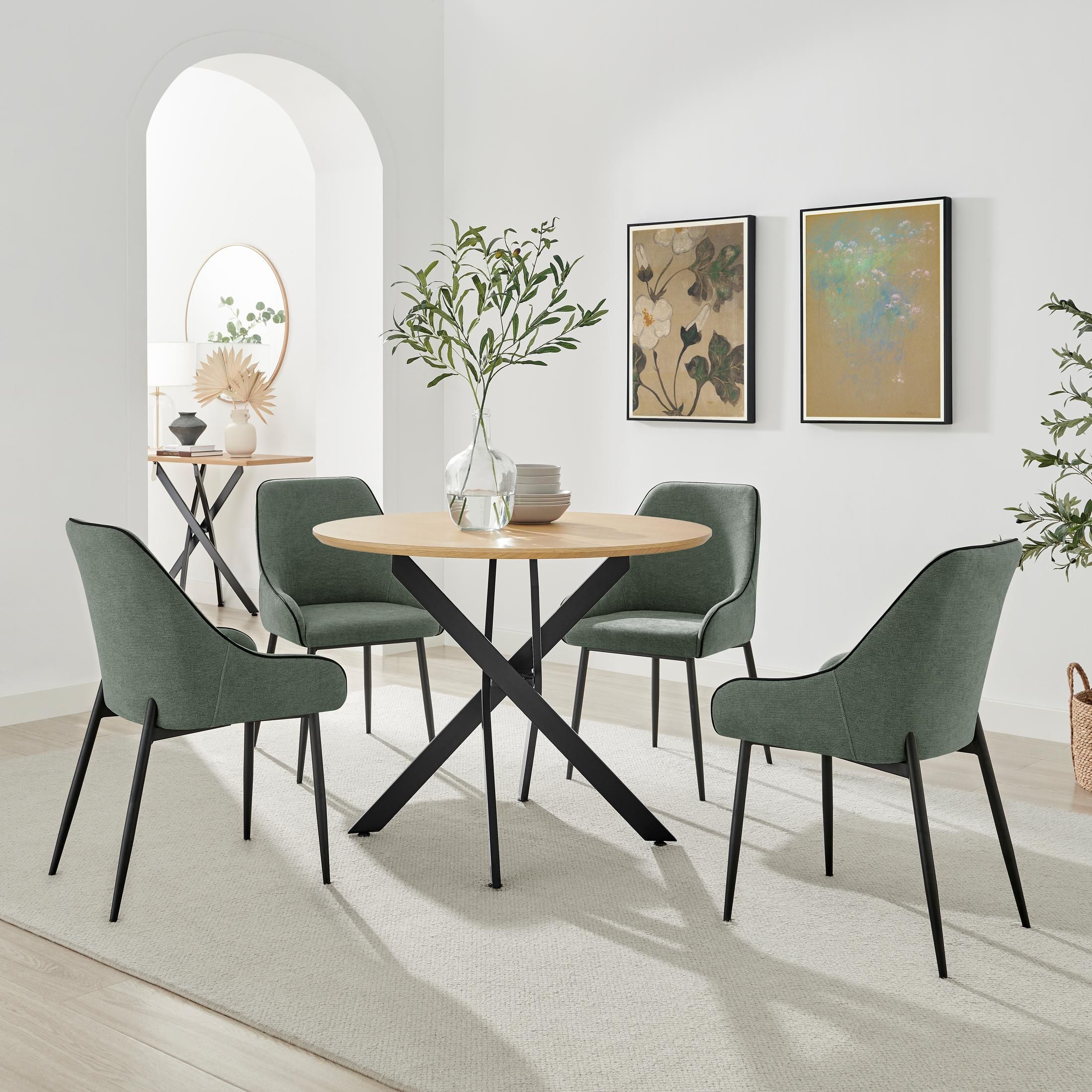 FurnitureboxUK Novara 100cm Oak Veneer Top Dining Table & 4 Green Beaumont Chairs in Brown