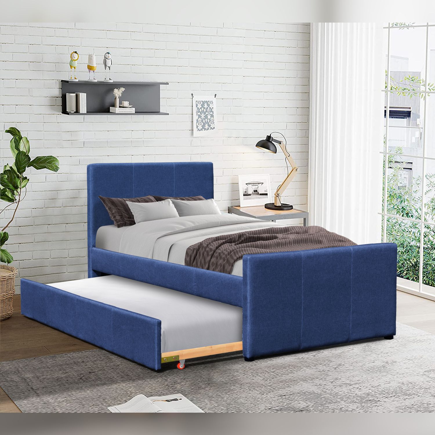 Comfy Living Ltd 3ft Single Fabric Bed Frame With Trundle Bed in Blue