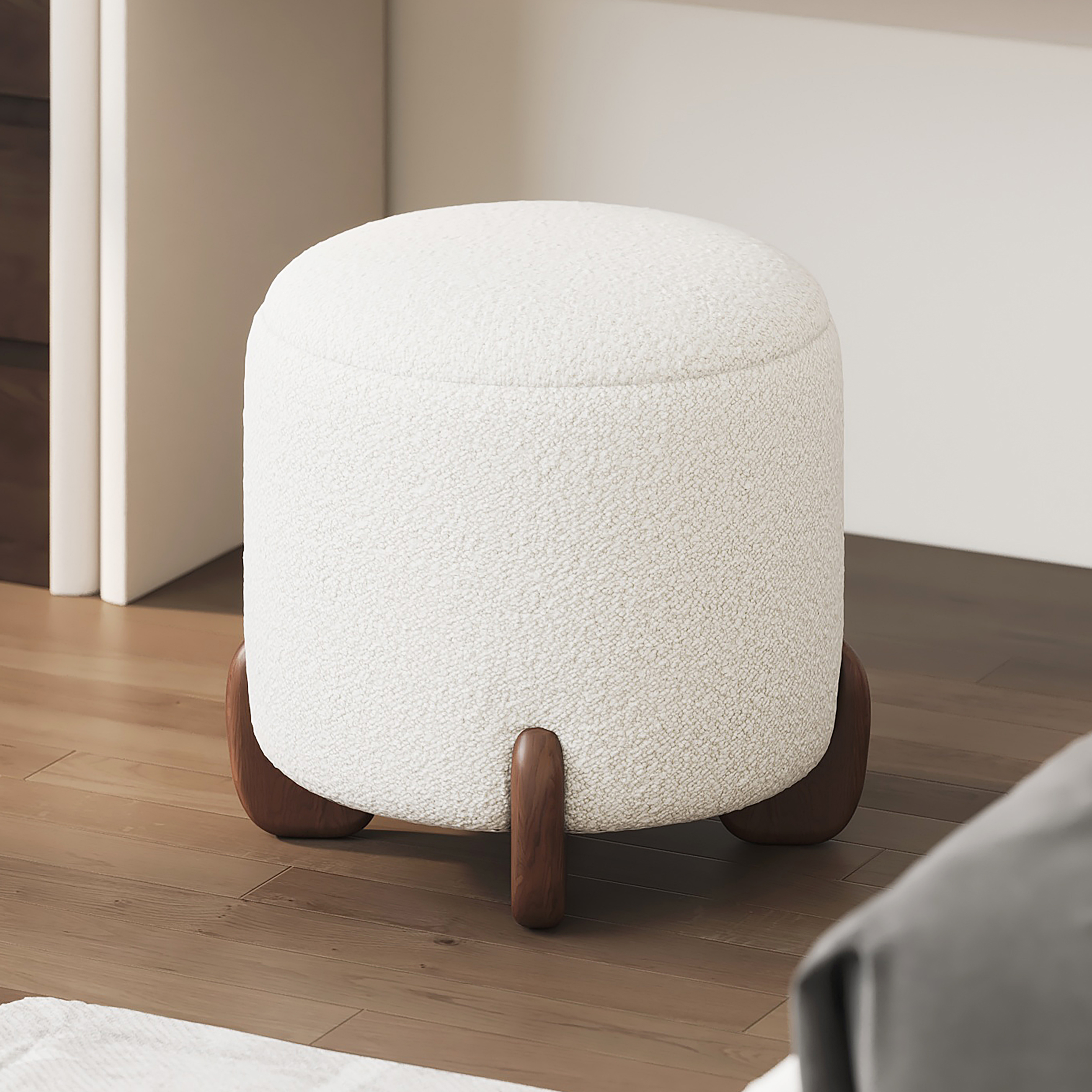 Boucle Round Curva Vanity Stool with Lifted Top Storage Ottoman with Walnut Legs