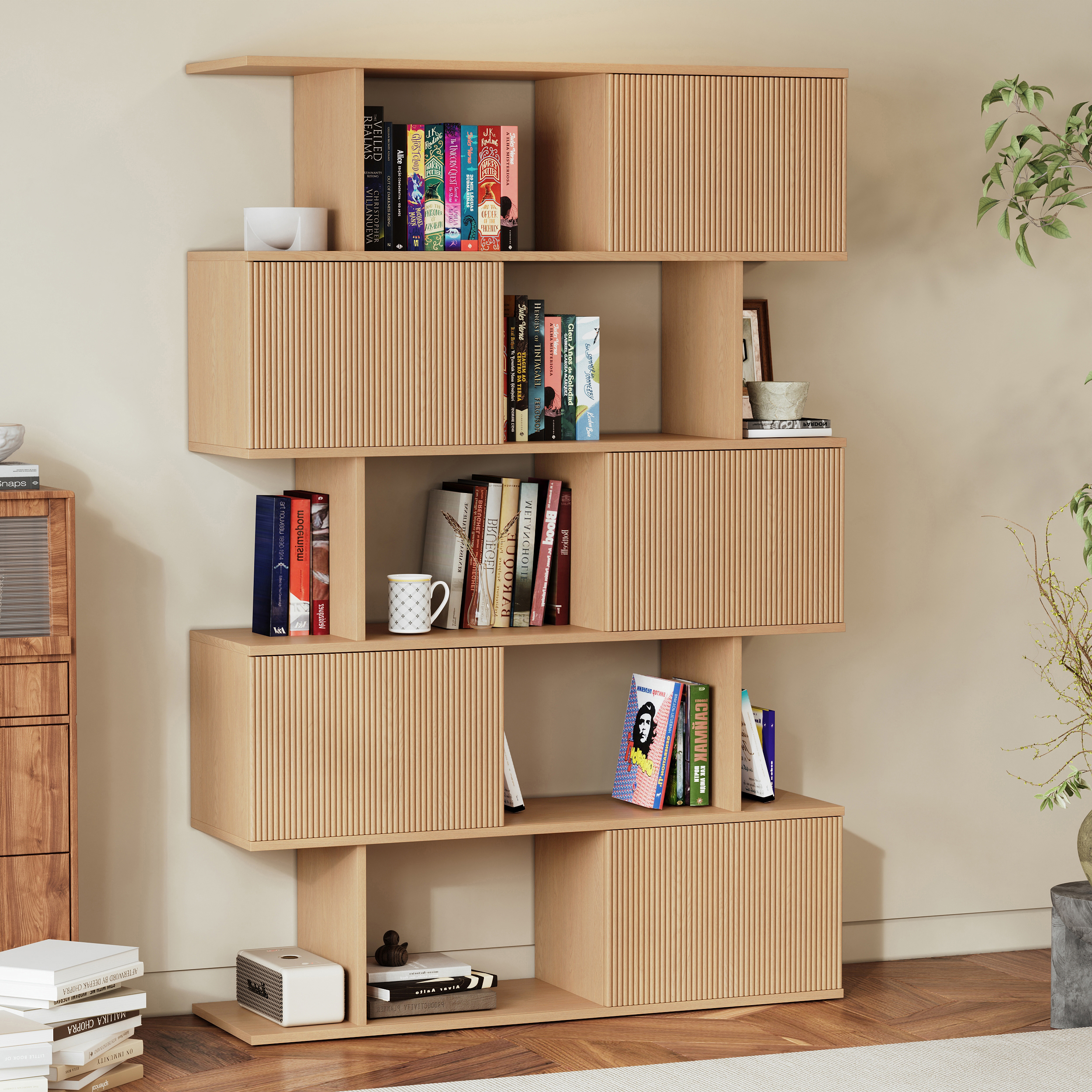 185 cm Natural Sliding Door Etagere Bookshelf 5-Shelf Tall Book Shelf Rich Storage