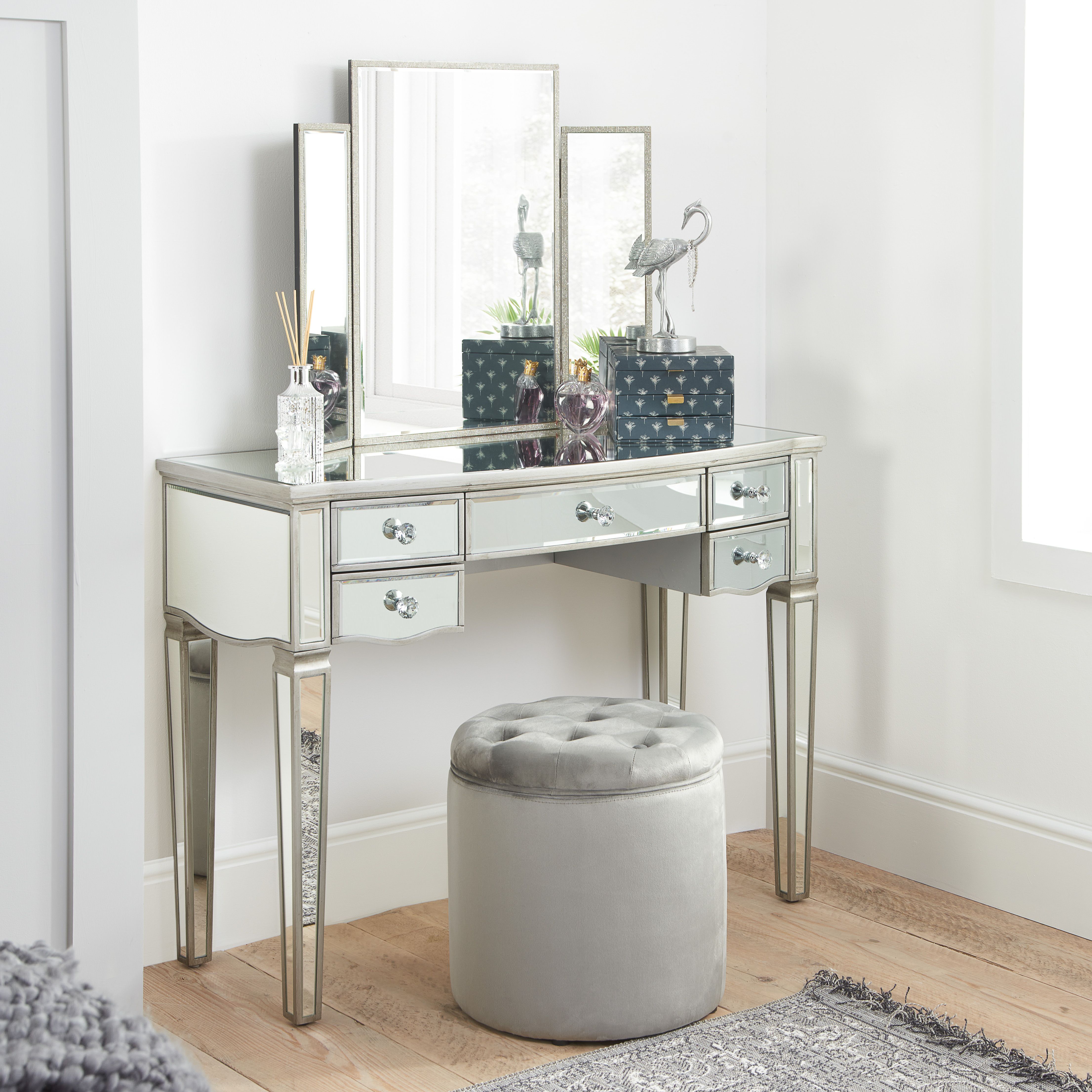 Birlea Elysee 5 Drawer Dressing Table Mirrored in Silver