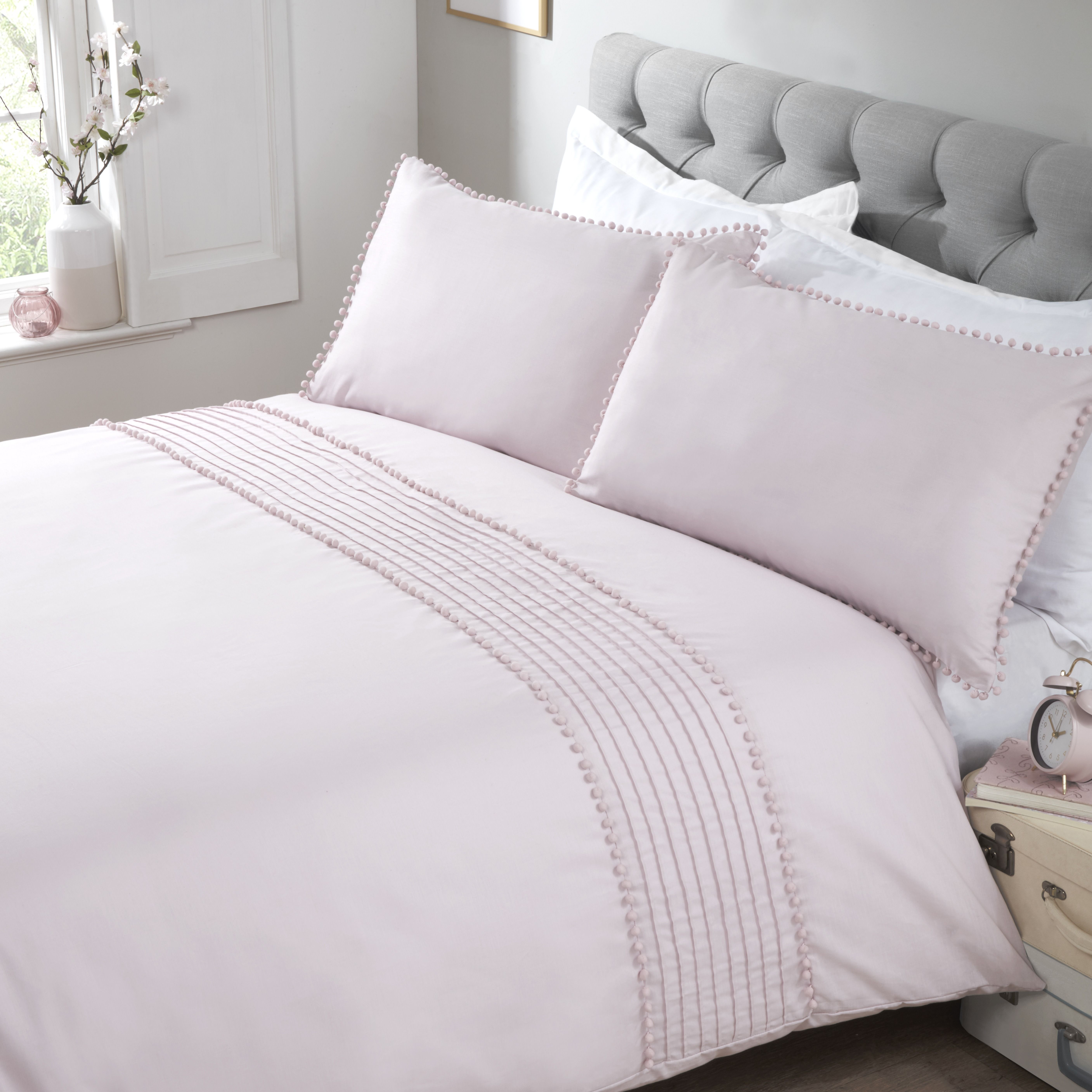 Rapport Home Pom Poms Polycotton Duvet Cover Set With Pillowcase in Dusty Pink