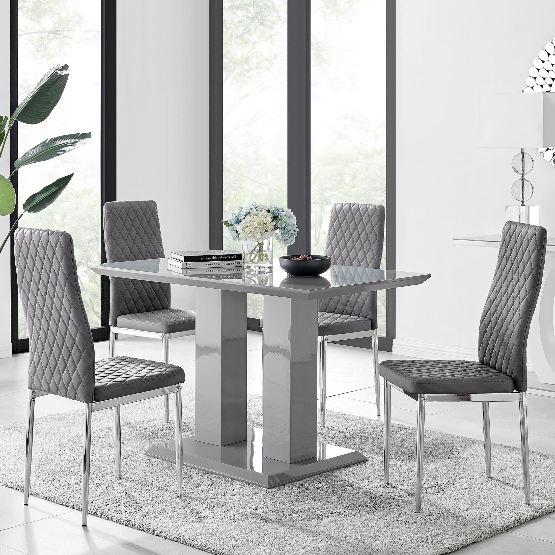 FurnitureboxUK Imperia Grey High Gloss 4 Seater Dining Table with Structural 2 Plinth Column Legs 4 Soft Faux Leather Silver Leg Milan Chairs