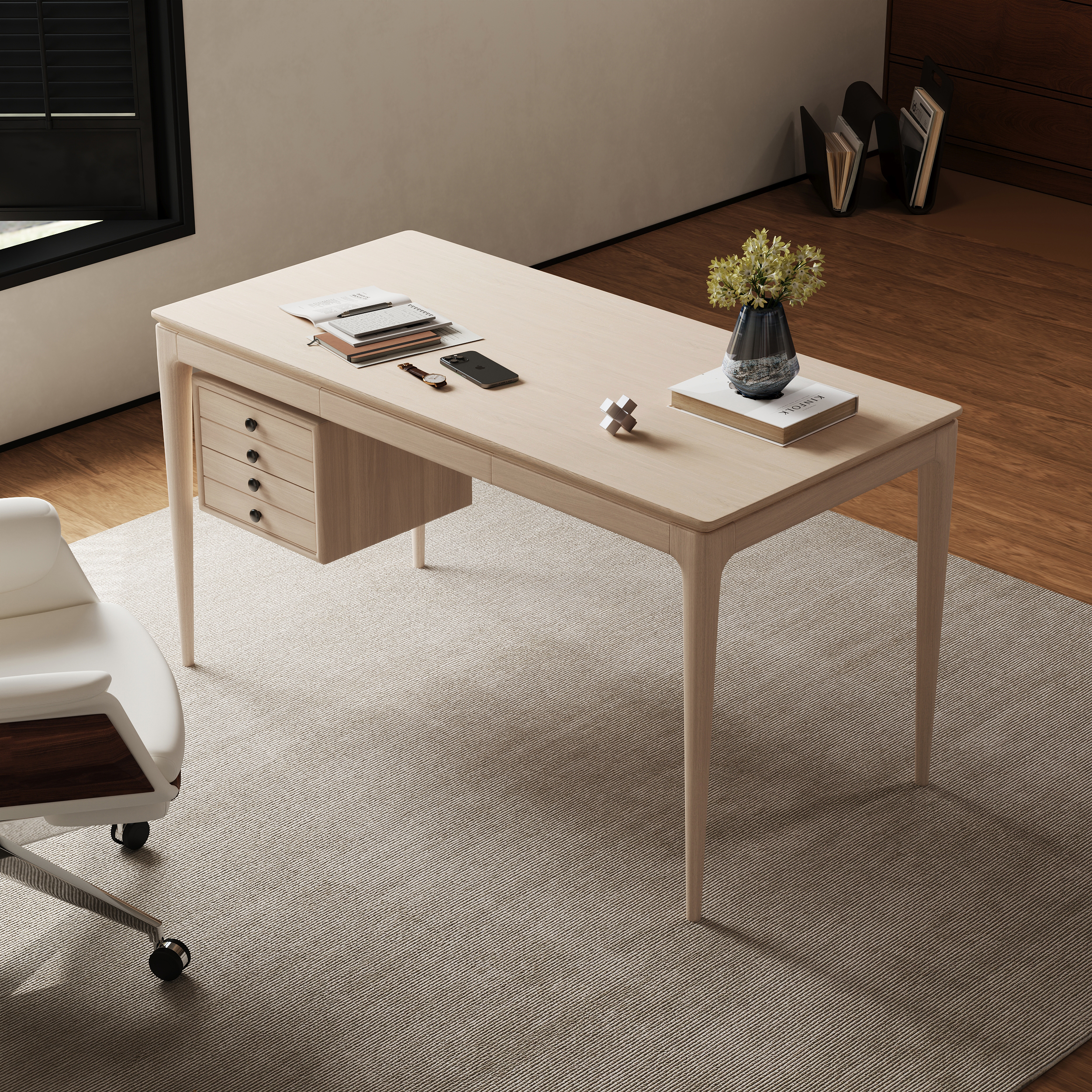 Mid-Century Style 140 cm Whitewash Ash Wood Home Office Desk with 3 Storage Drawers and Metal Accents