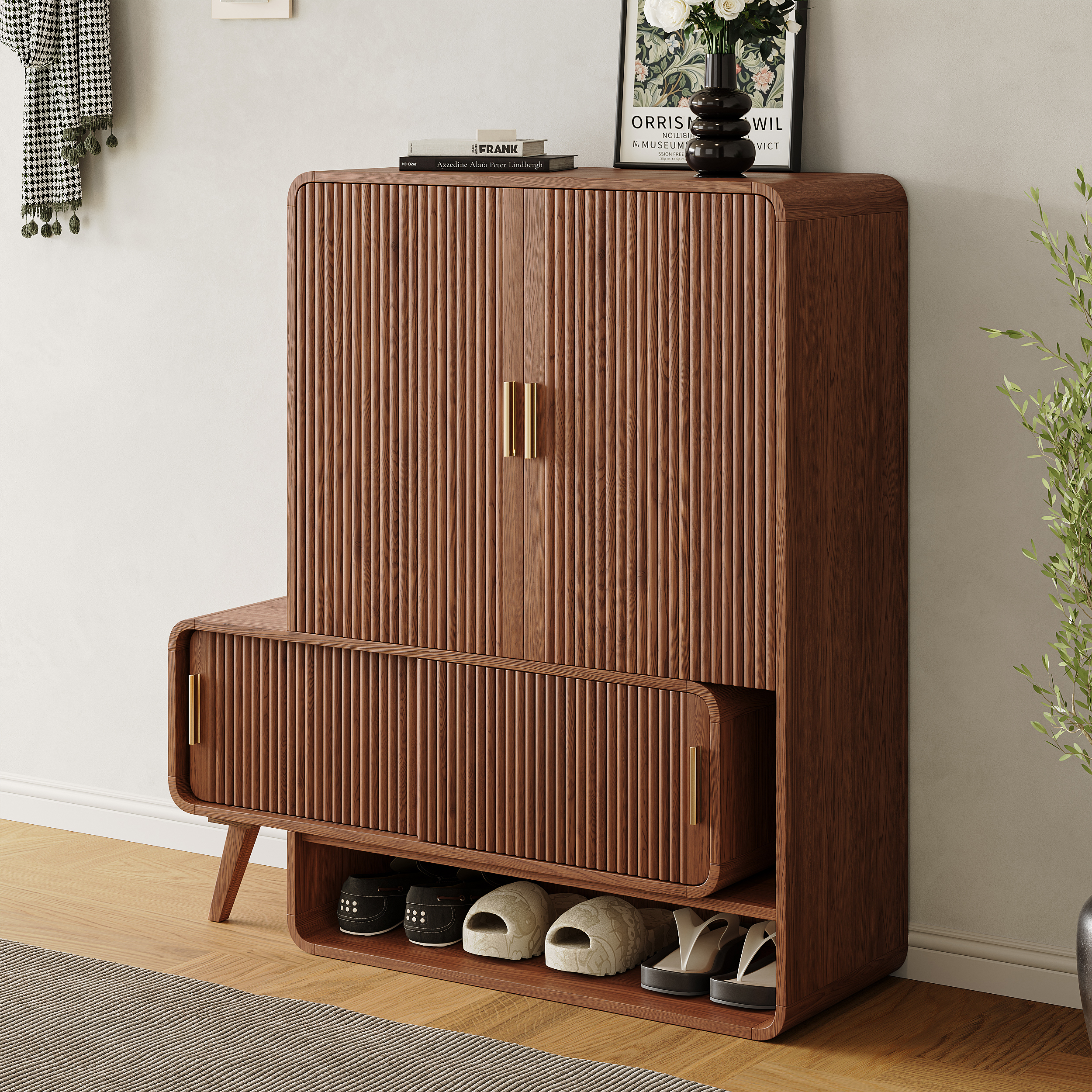 95 cm Ash Wood Veneer Fluted Shoe Storage Entryway Cabinet, Left Hand