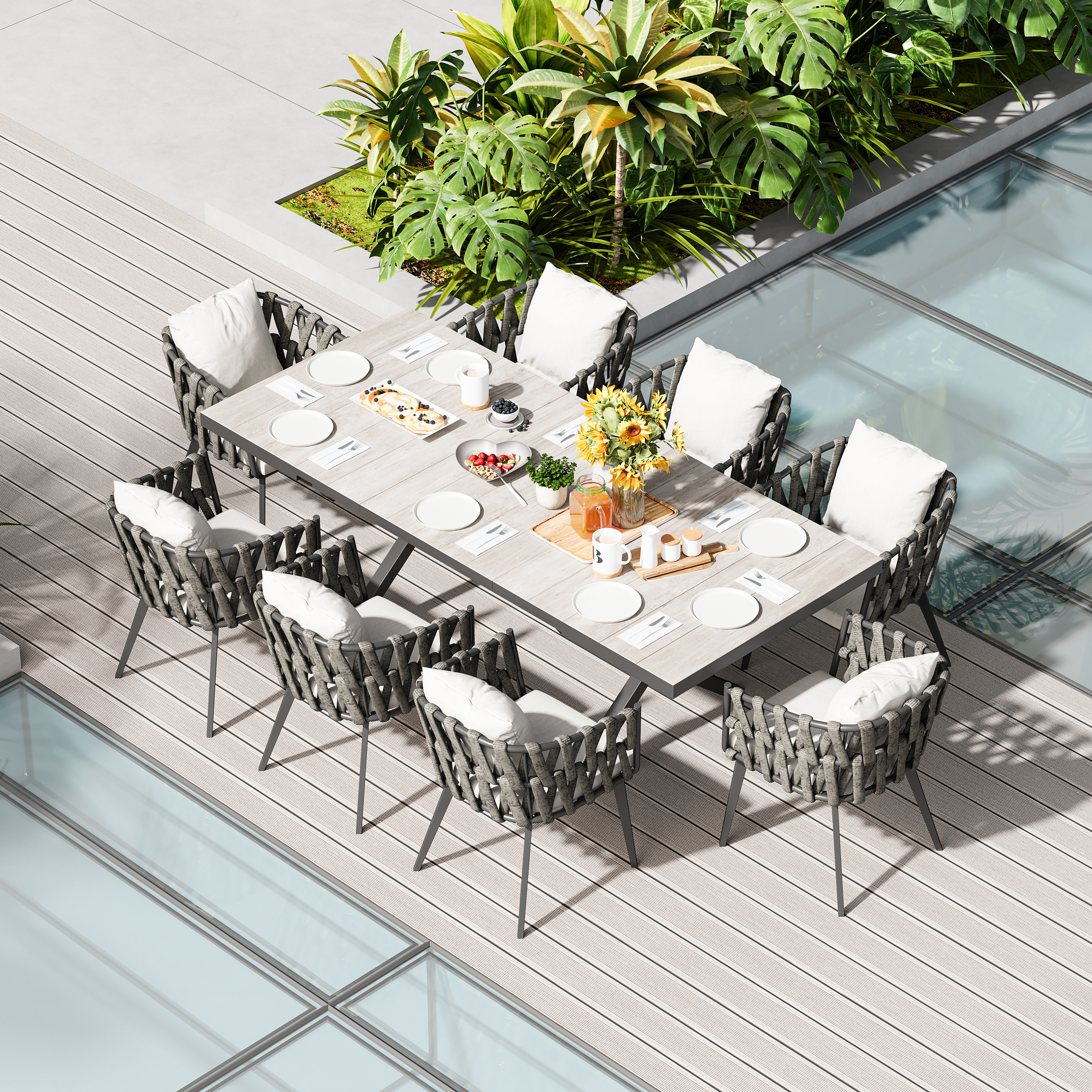 9-Piece Outdoor Extendable Dining Set with 8 Rope Weave Chairs (1631 mm - 2141 mm) in Grey