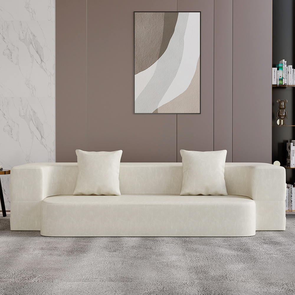 79" Beige Modern Folding Sofa Bed Leath-Aire Upholstered Full Sleeper