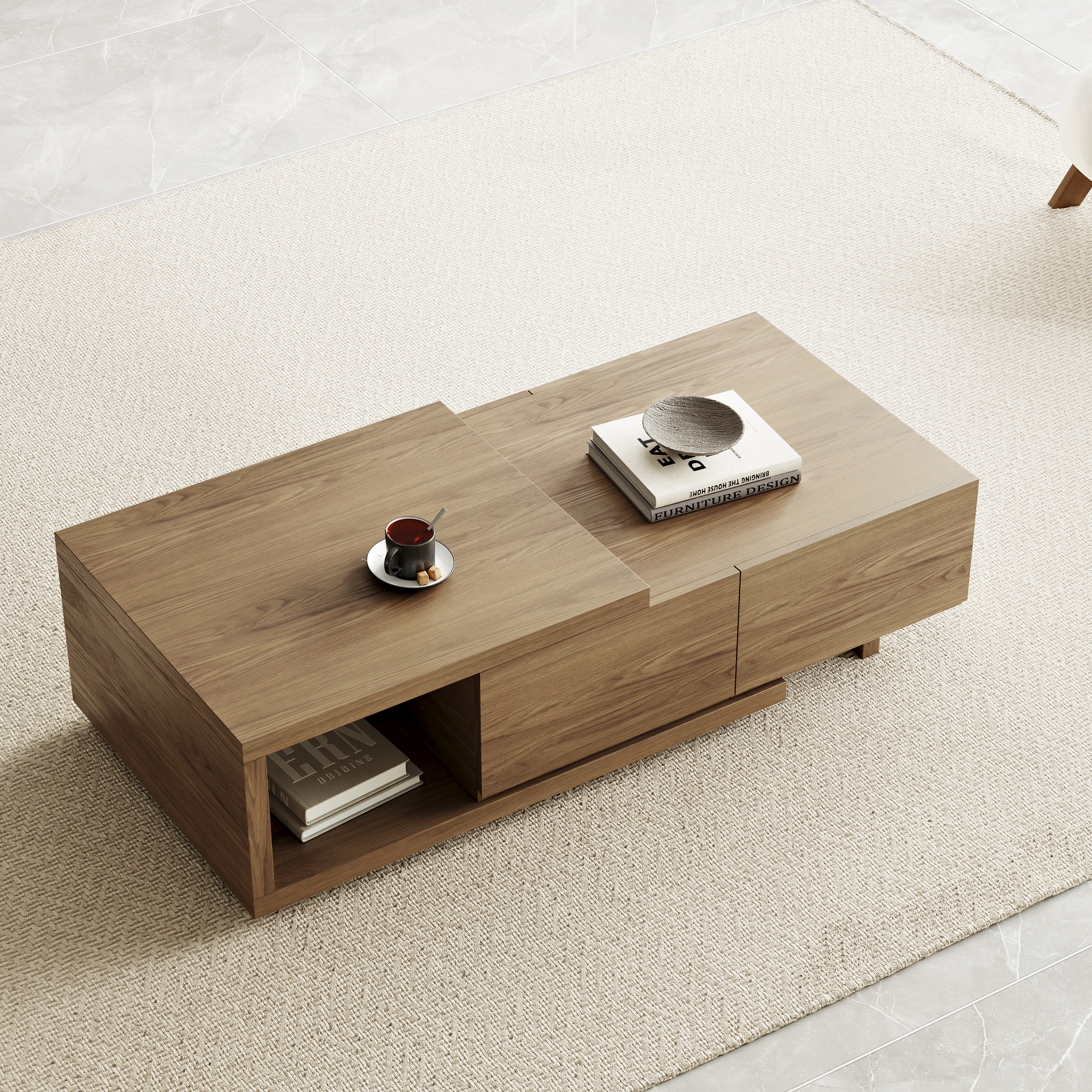 Quoint 1750mm Modern Walnut Coffee Table Retracted & Extendable with 2-Drawer