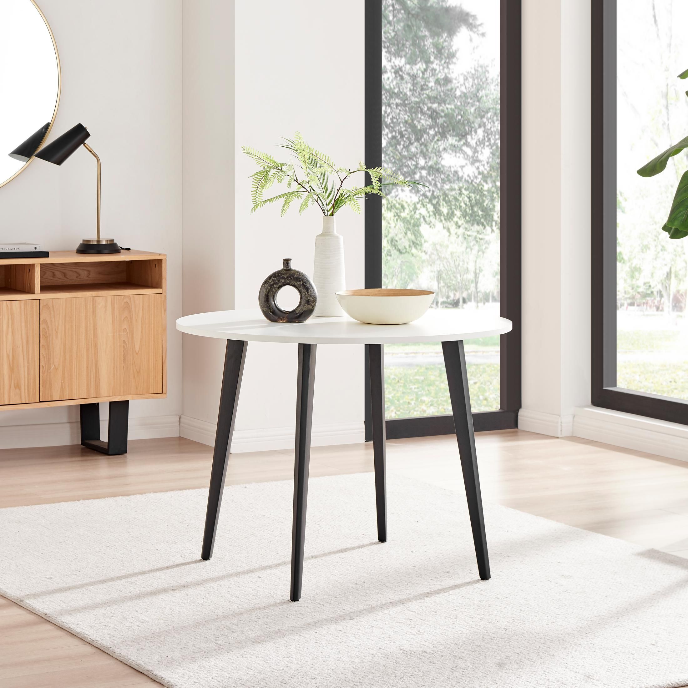 FurnitureboxUK Koko 4-Seater Round Melamine Scratch Resistant Dining Table With Black Legs in White