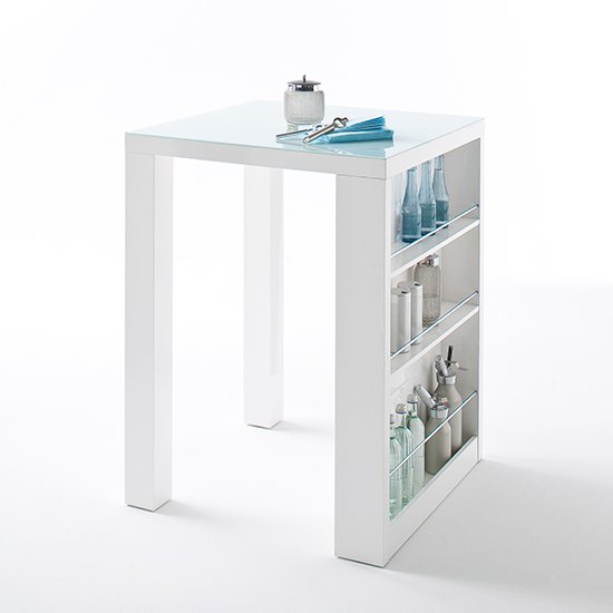 Club Square High Bar Table In White Gloss And Glass With Shelves