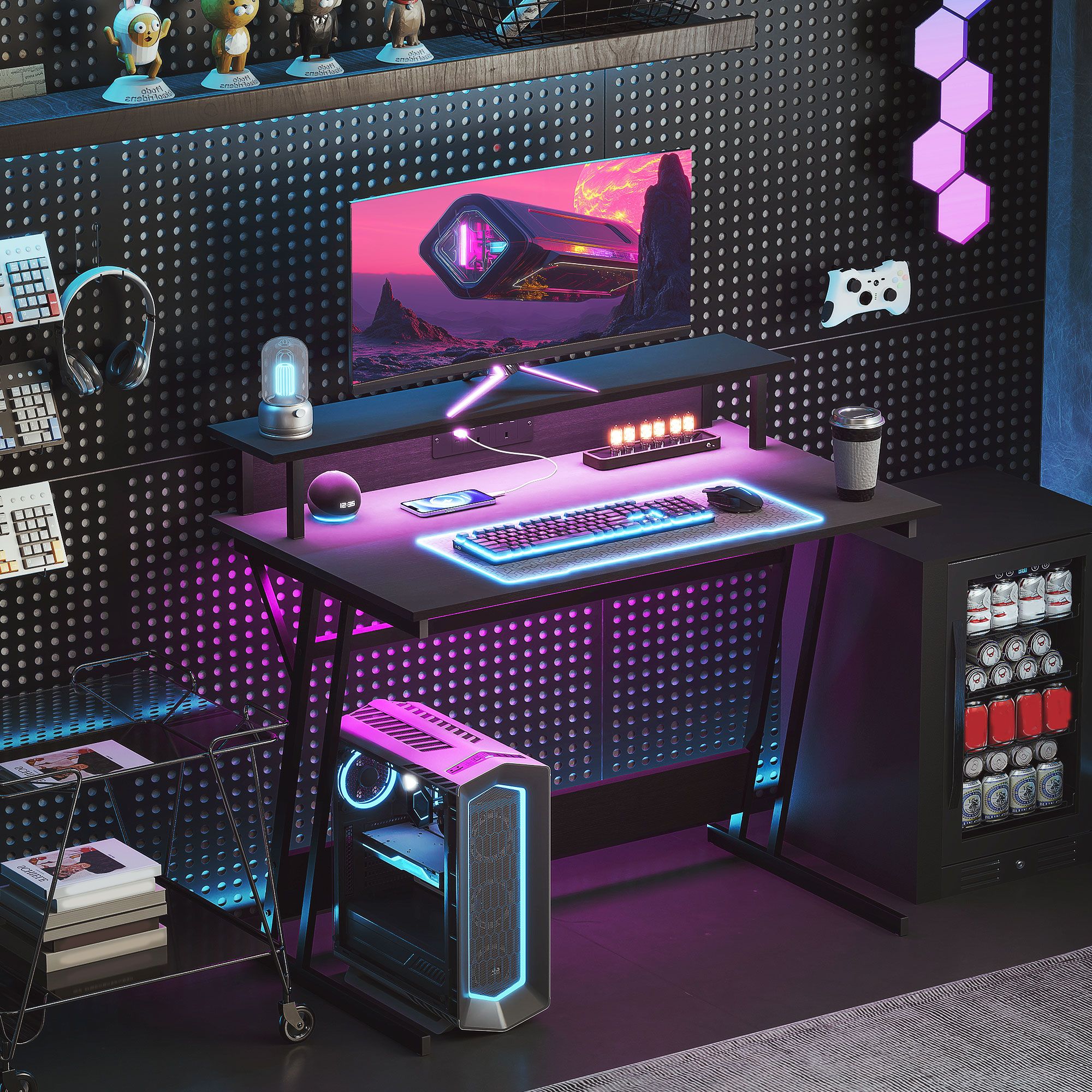 HOMCOM LED Gaming Desk with Power Outlets & Monitor Stand 100 x 60cm Black