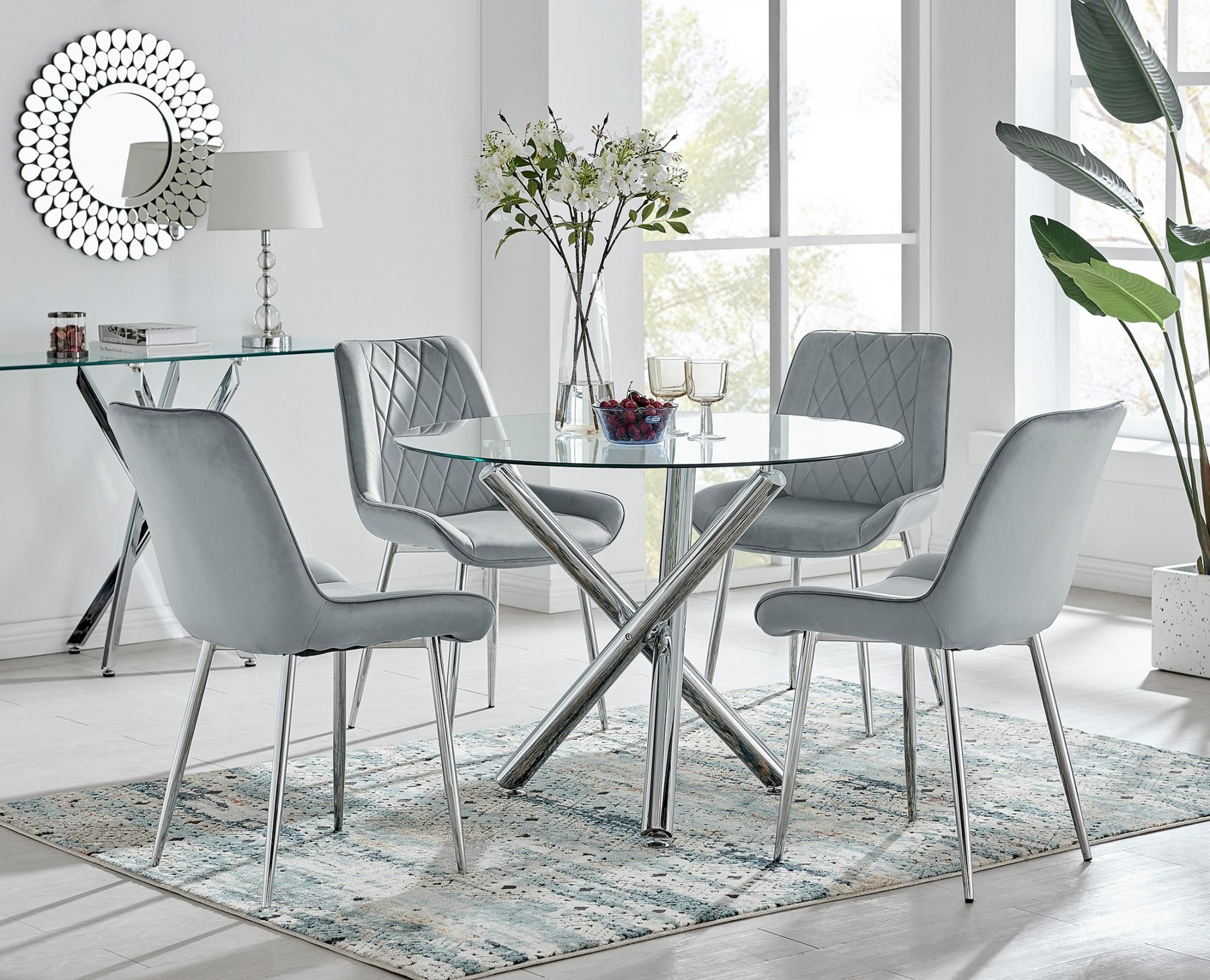 FurnitureboxUK Selina Round Glass Chrome Leg Dining Table & Pesaro Silver Leg Chairs in Grey
