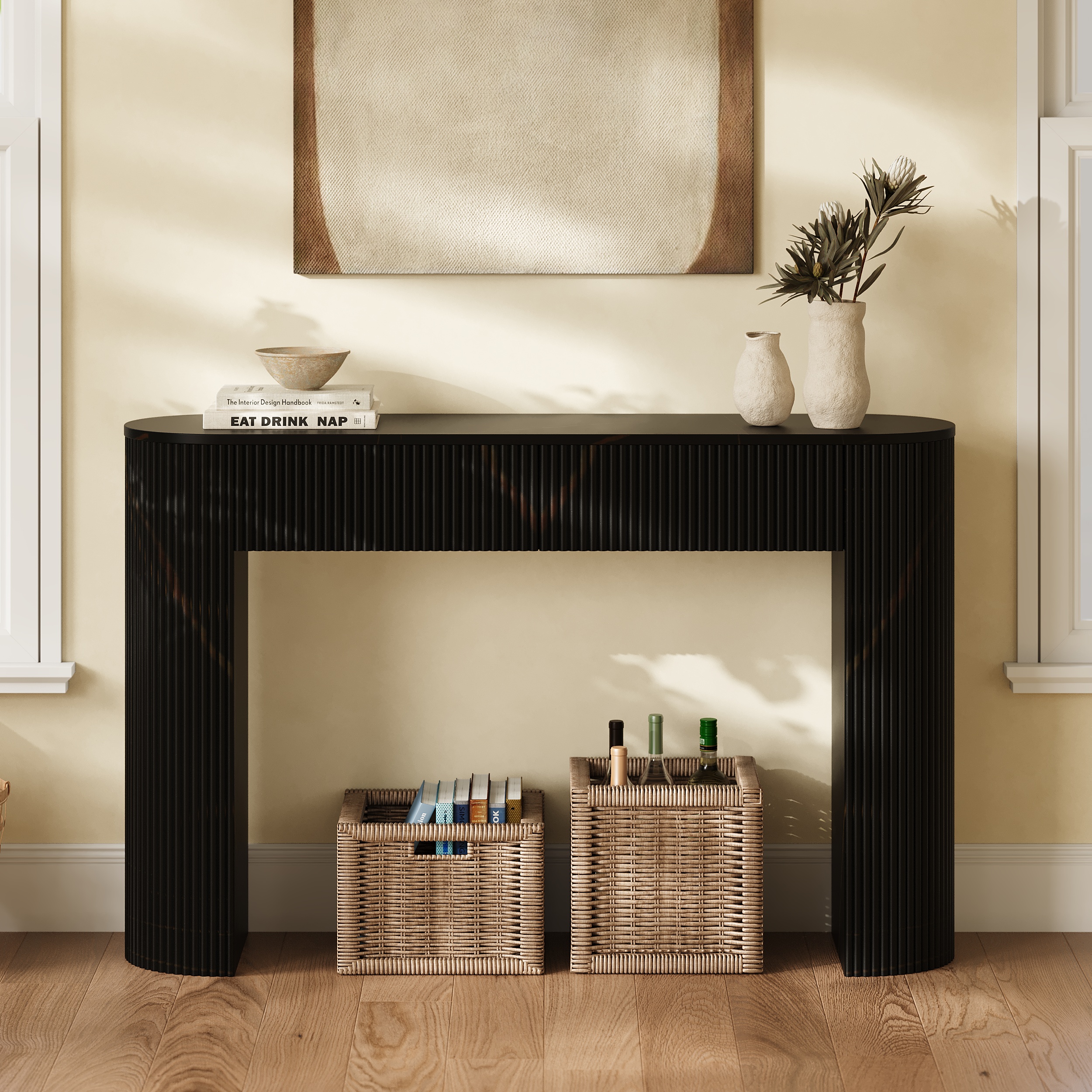 Oval Black Console Table with Waved Wood Top