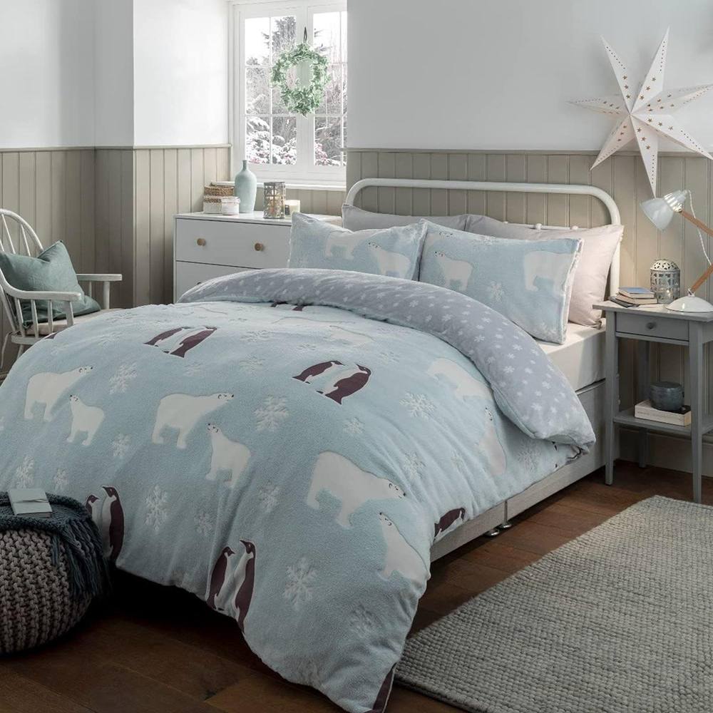 Gr8 Home Penguin & Polar Bear Glow In The Dark Fleece Duvet Pillowcase Set in Grey