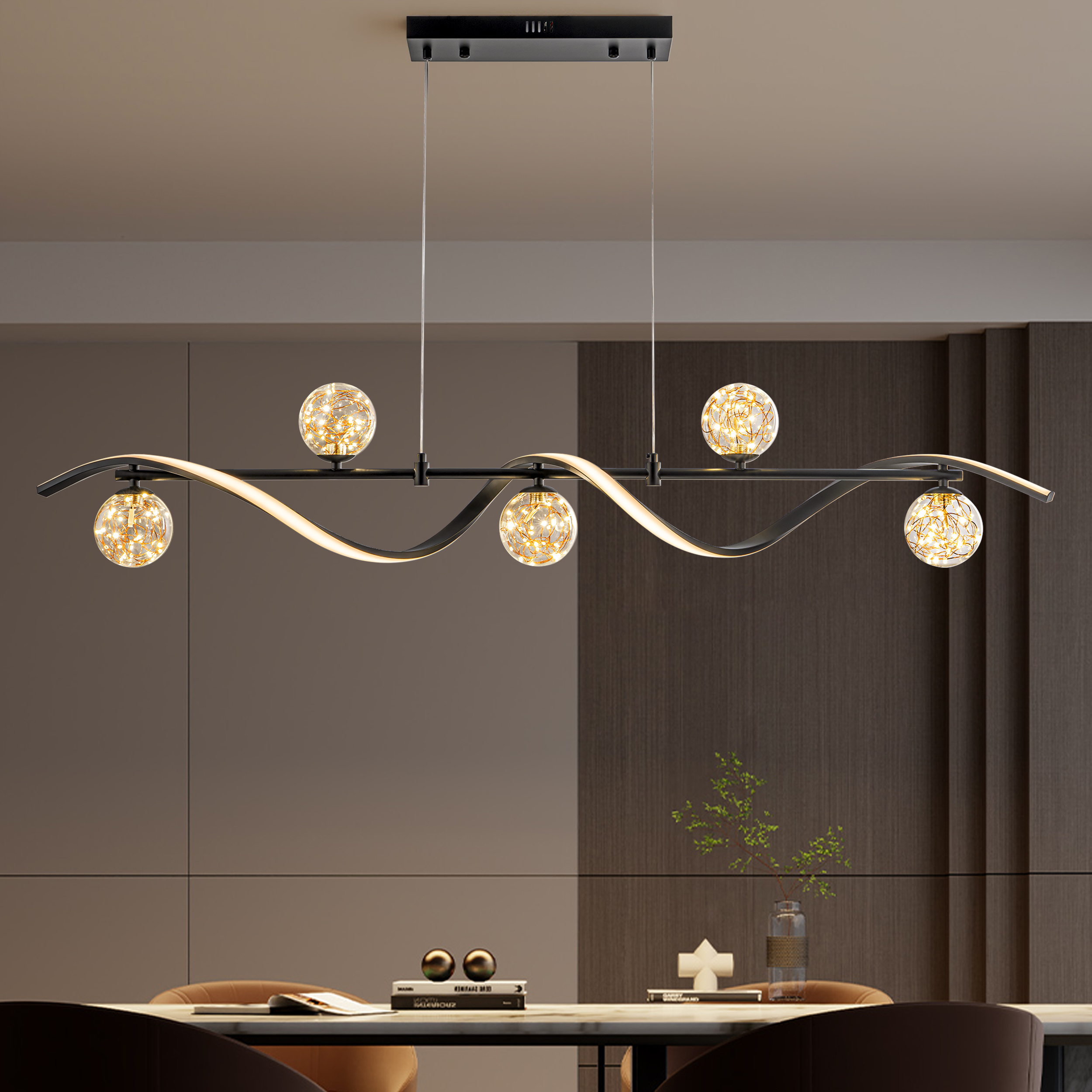 LED Linear Kitchen Island Light – 6-Light Dimmable Black Fixture with Glass Globe Shades