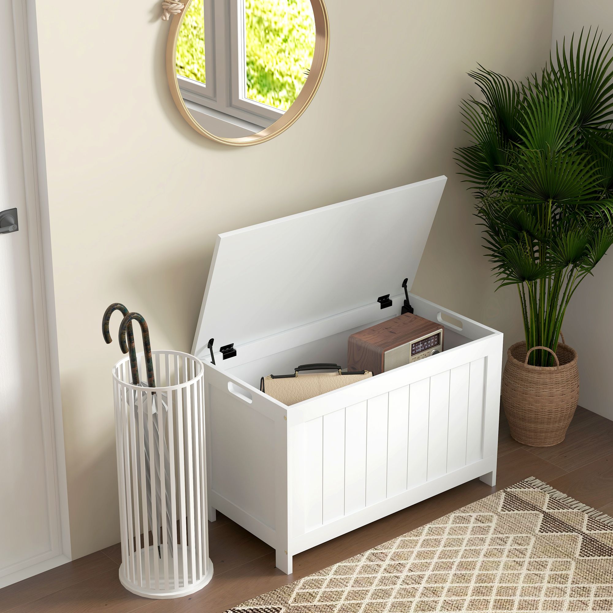 HOMCOM Storage Chest, Modern Storage Trunk with 2 Safety Hinges & Cut-out Handles, Wooden Toy Box for Living Room, Entryway, 76 x 40 x 48 cm in White