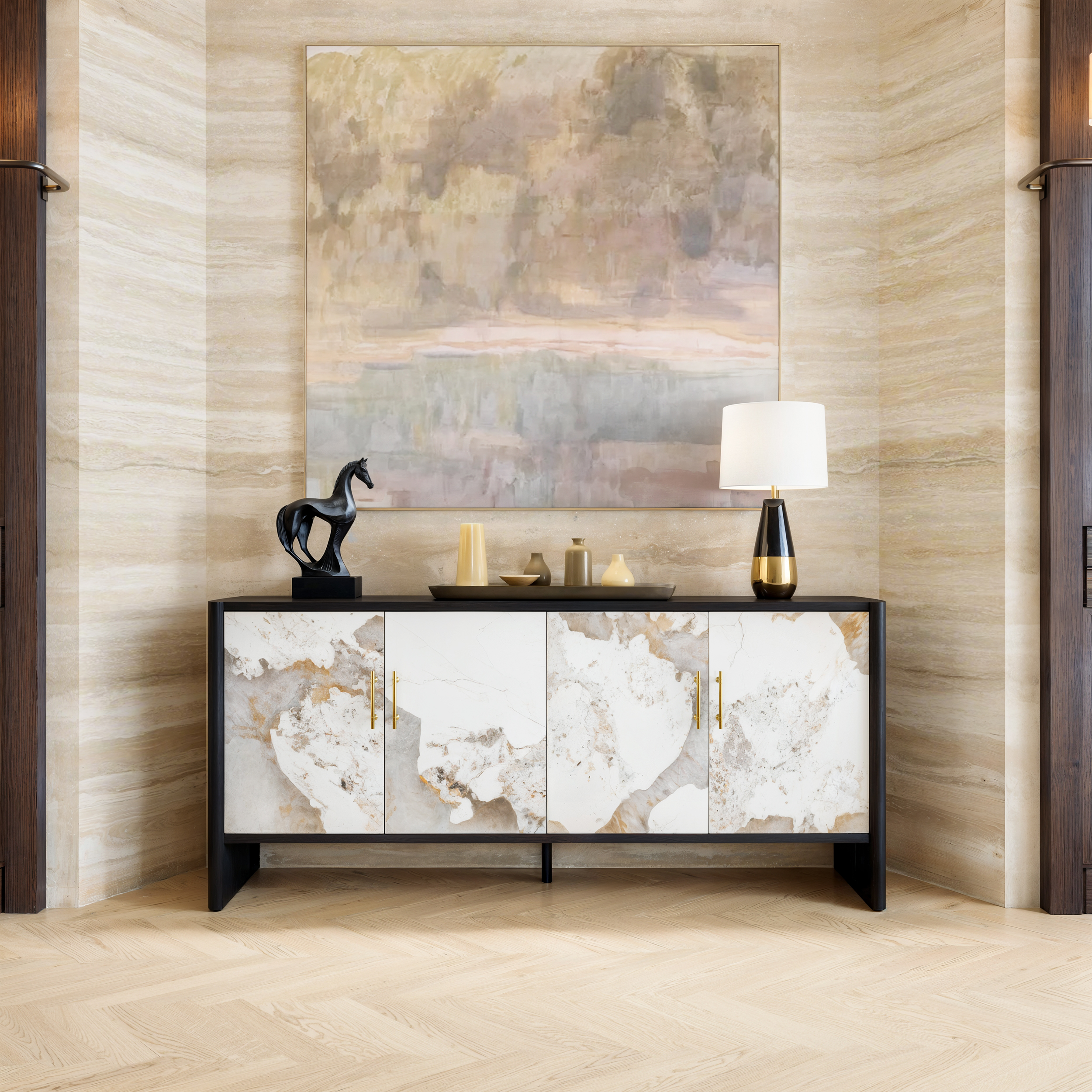 Modern 180 cm Sintered Stone Sideboard with Oak Wood Frame & Adjustable Shelves