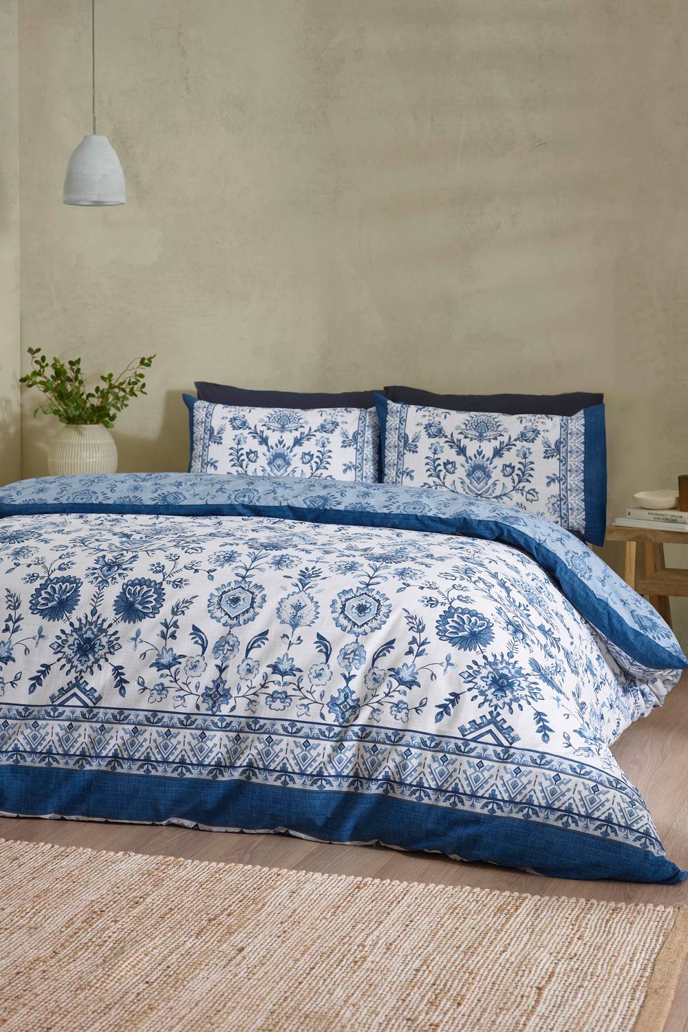 Catherine Lansfield 'Zoukara Floral' Reversible Duvet Cover Set in Blue
