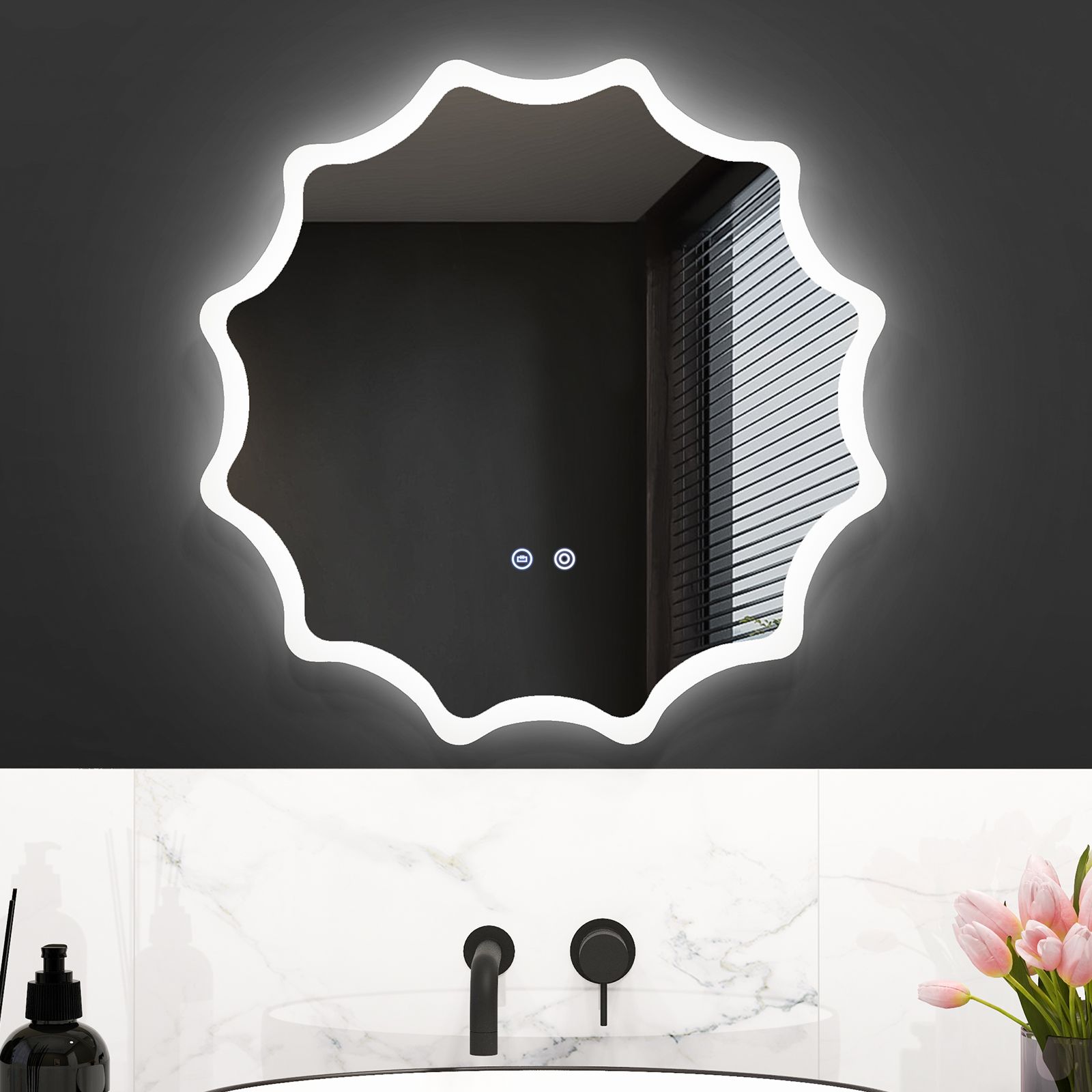 Costway 60cm Round Anti-fog 3-Color LED Lights Bathroom Mirror Waved Edge Wall Mirror in Silver