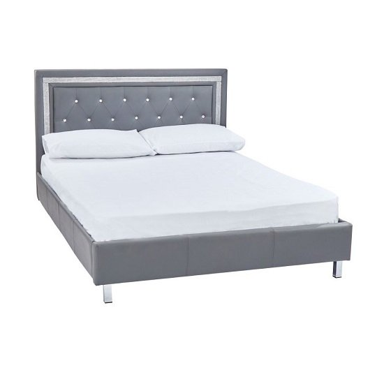Branson Double Bed In Grey Faux Leather With Diamante