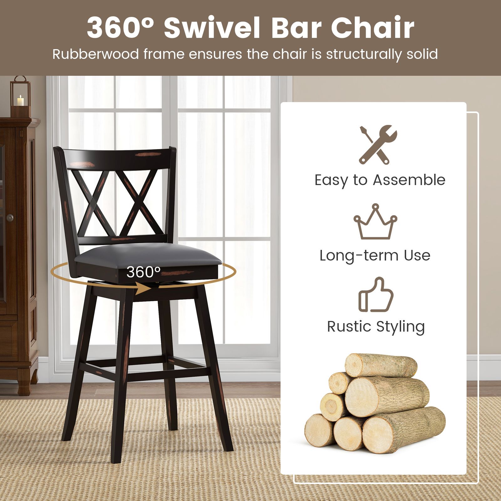 Costway Set of 2 Bar Stools Counter Height Chair Pub 360 °Swiveling Upholstered Seat 29" 6