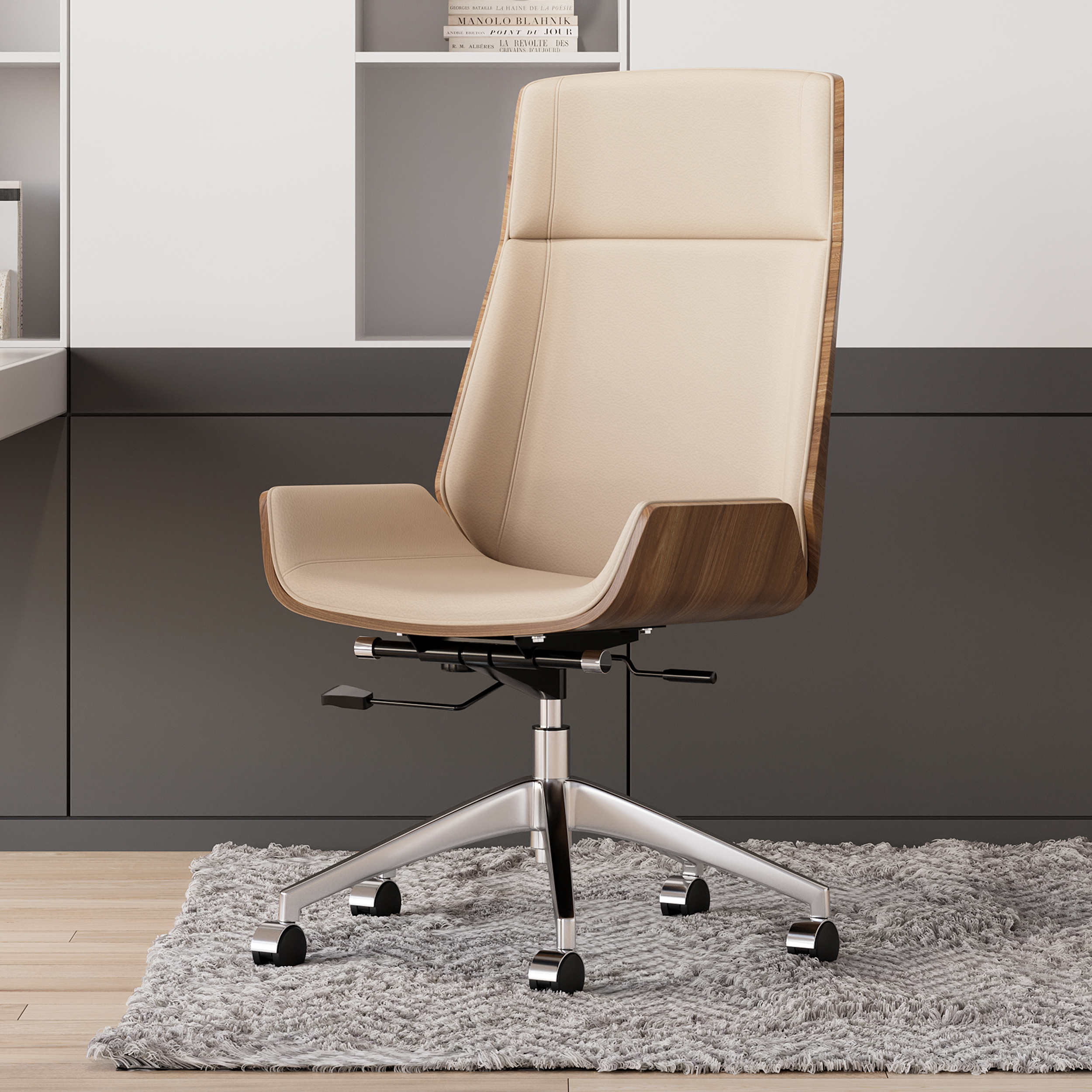 Khaki Faux Leather Office Chair Desk Chair with Wheels & Adjustable Height