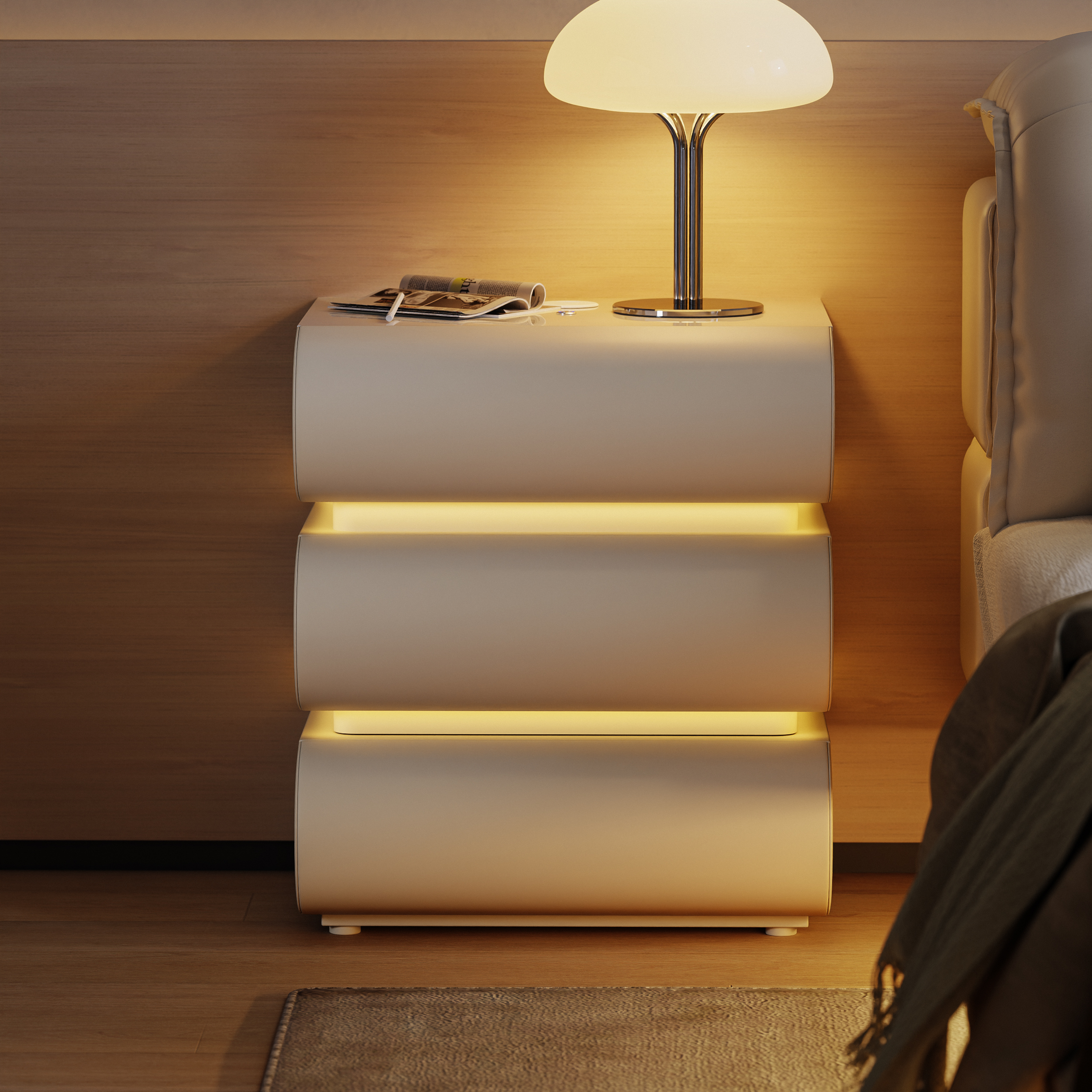 Humply Leather 3-Drawer Smart LED Bedside Table